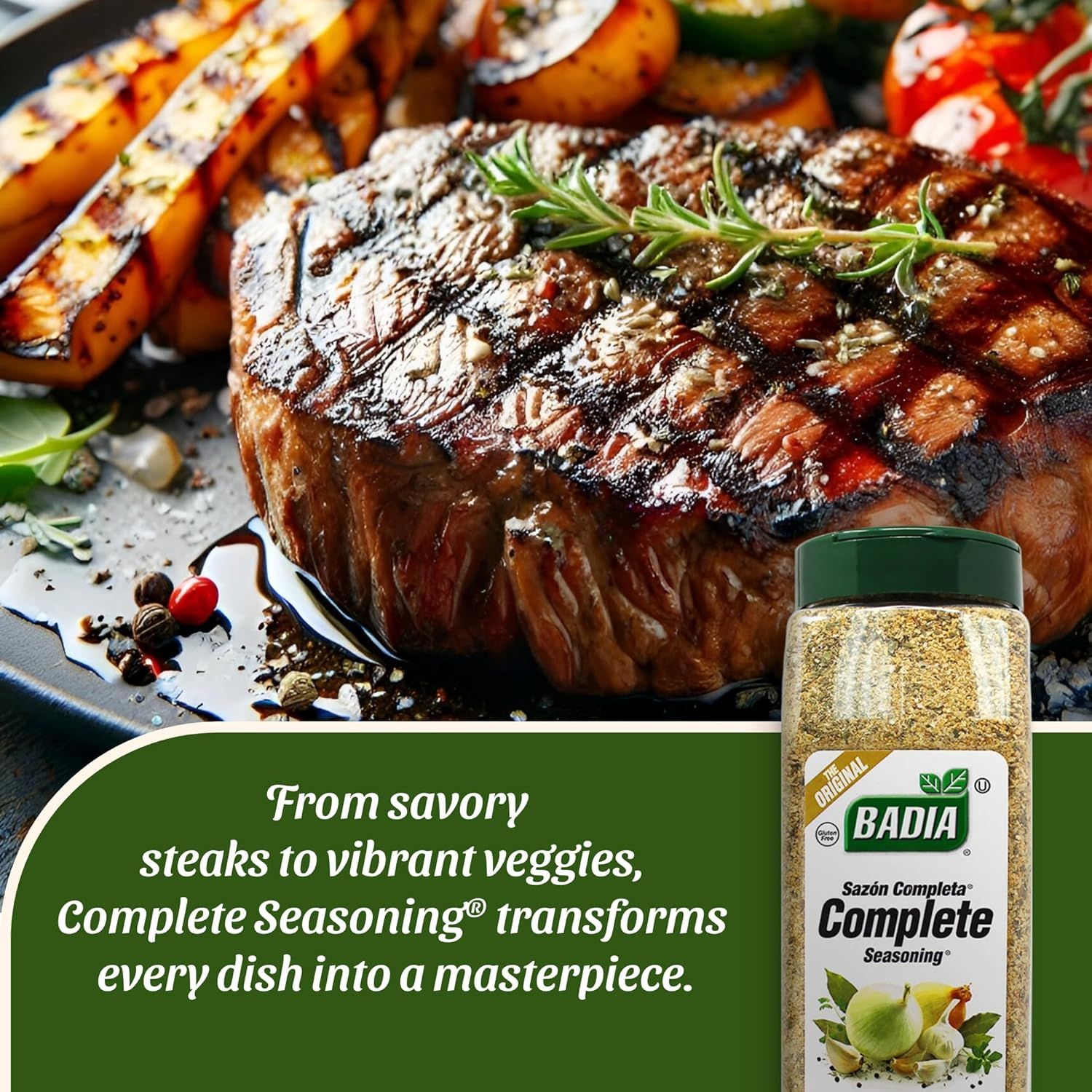 Demonstrates the versatility of the seasoning by showing it can be used on multiple types of dishes, from savory steaks to vibrant vegetables, reassuring shoppers of its broad culinary applications.…