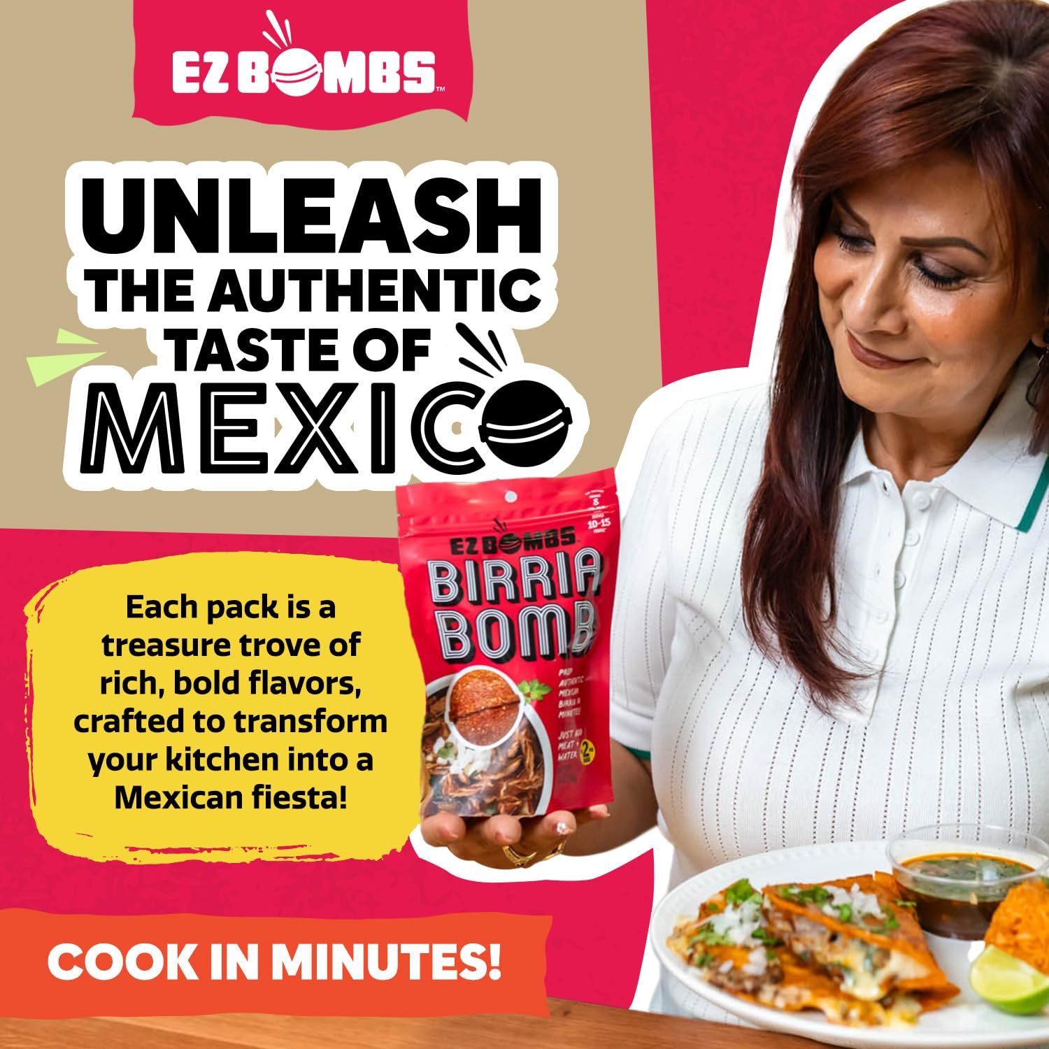 This image communicates the brand identity and emotional positioning of EZ Bombs, emphasizing authentic Mexican flavors and the brand promise of transforming home cooking into a Mexican fiesta…