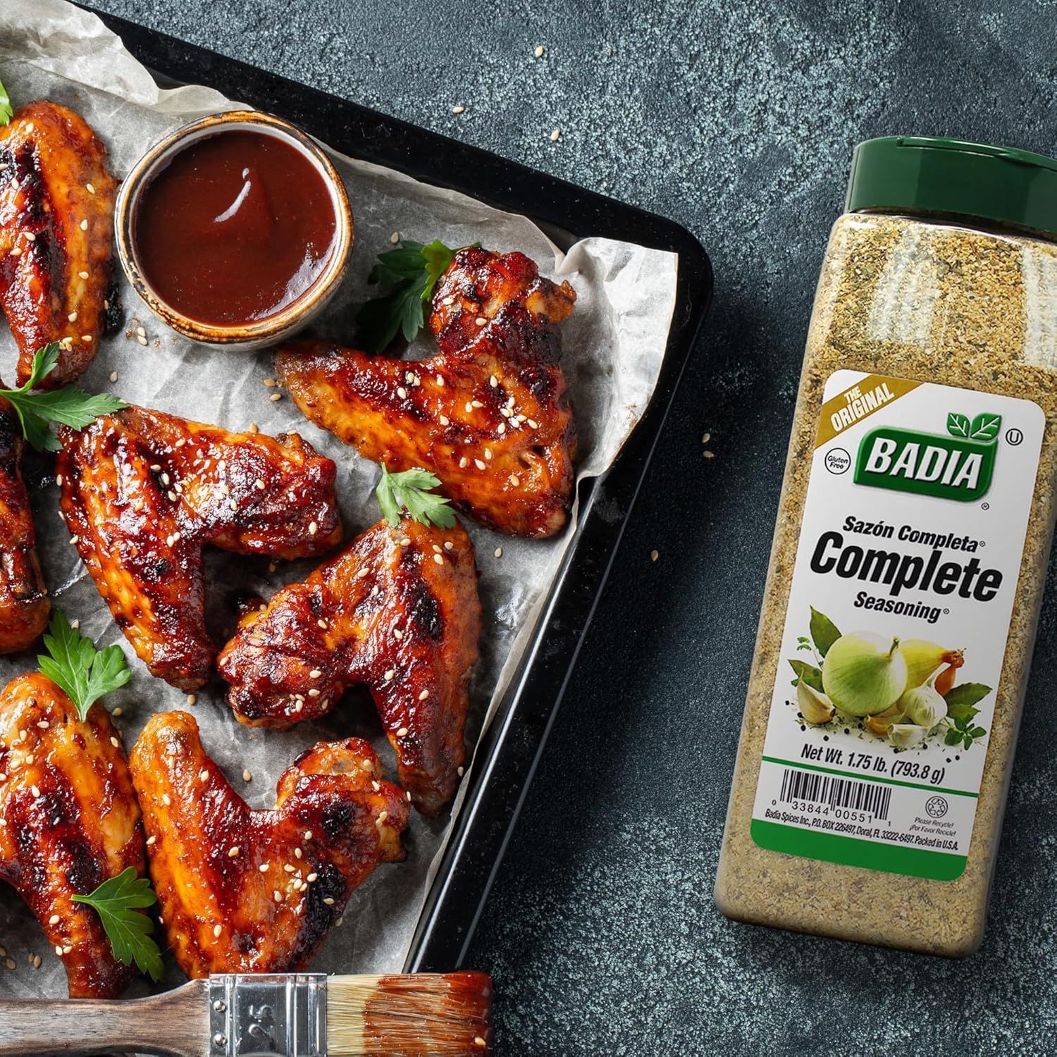 Demonstrates the product in a real-world cooking scenario, showing how the Badia Complete Seasoning can be used to prepare delicious glazed chicken wings, helping shoppers visualize practical…