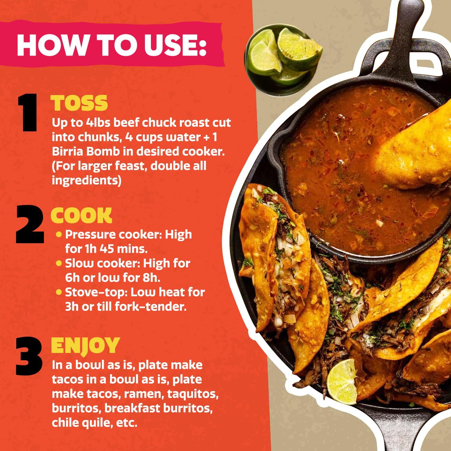 Provides clear, numbered instructions showing shoppers exactly how to prepare the product using different cooking methods (pressure cooker, slow cooker, or stove-top) and suggests multiple serving…