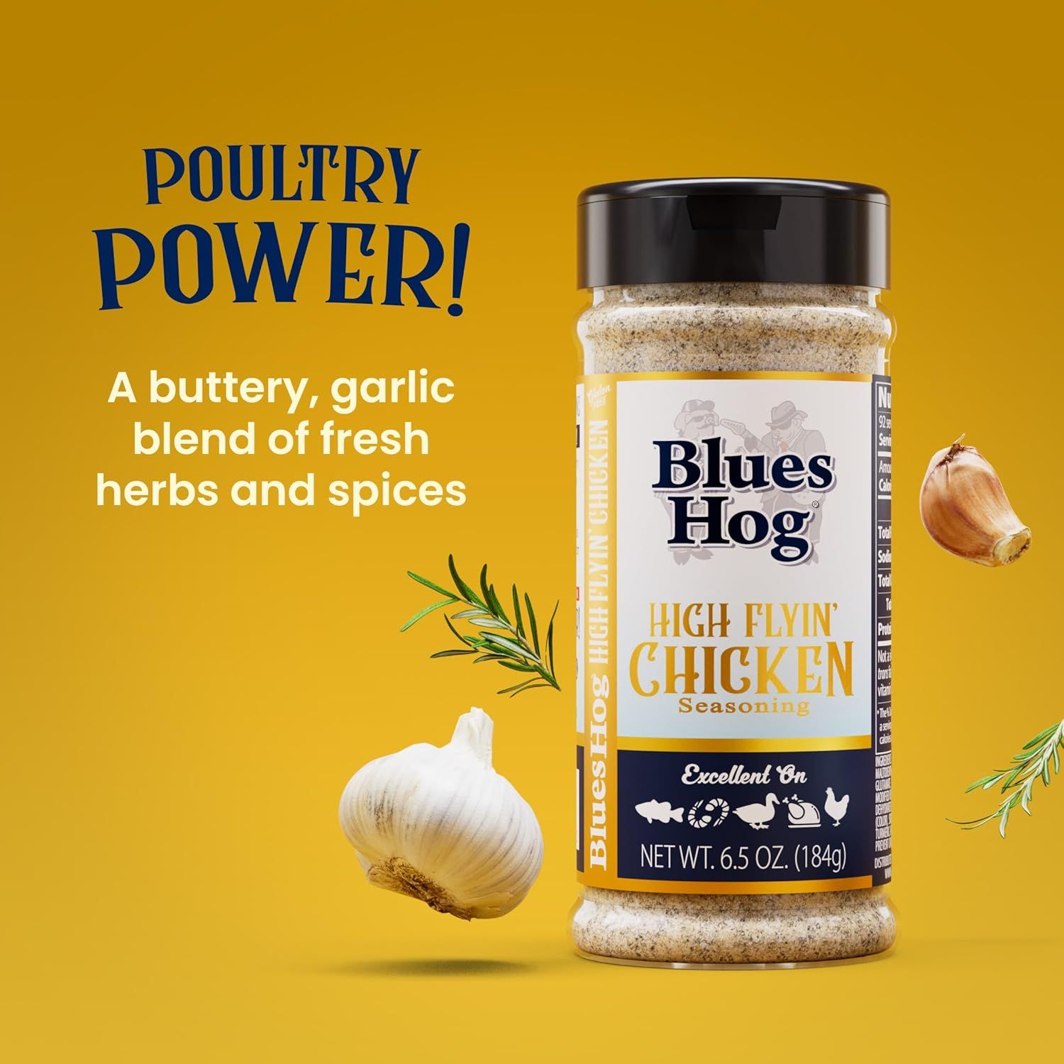 Communicates the product's buttery, garlic herb and spice blend to help shoppers understand the flavor profile and appeal of this chicken seasoning.
