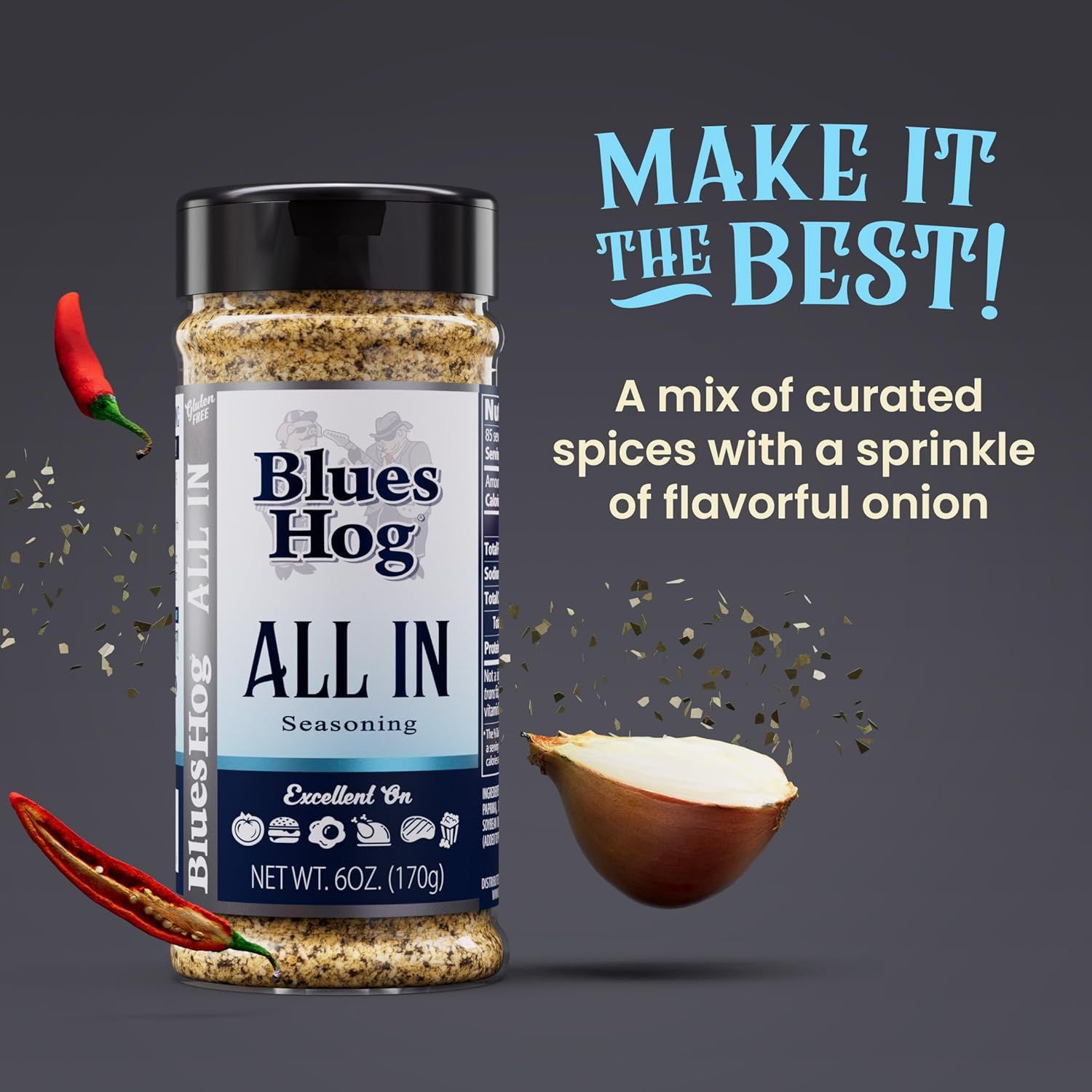 Communicates the product's versatility and flavor profile as an all-purpose seasoning blend, emphasizing convenience and quality ingredients to encourage purchase.