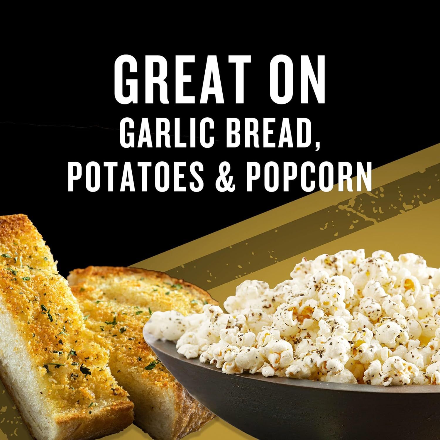 Demonstrates the product's versatility by showing it can be used on multiple foods including garlic bread, potatoes, and popcorn, reassuring shoppers of its wide range of applications.