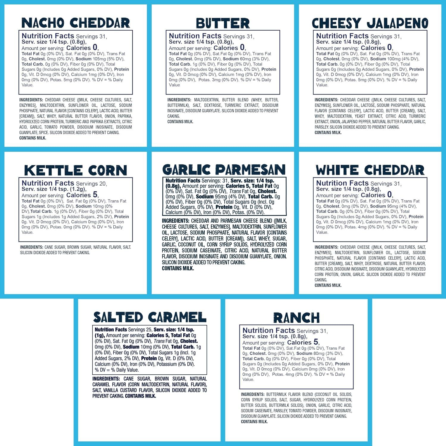 Displays the brand's full product lineup of popcorn seasoning flavors with nutrition facts and ingredients to help shoppers compare options and choose their preferred variety.