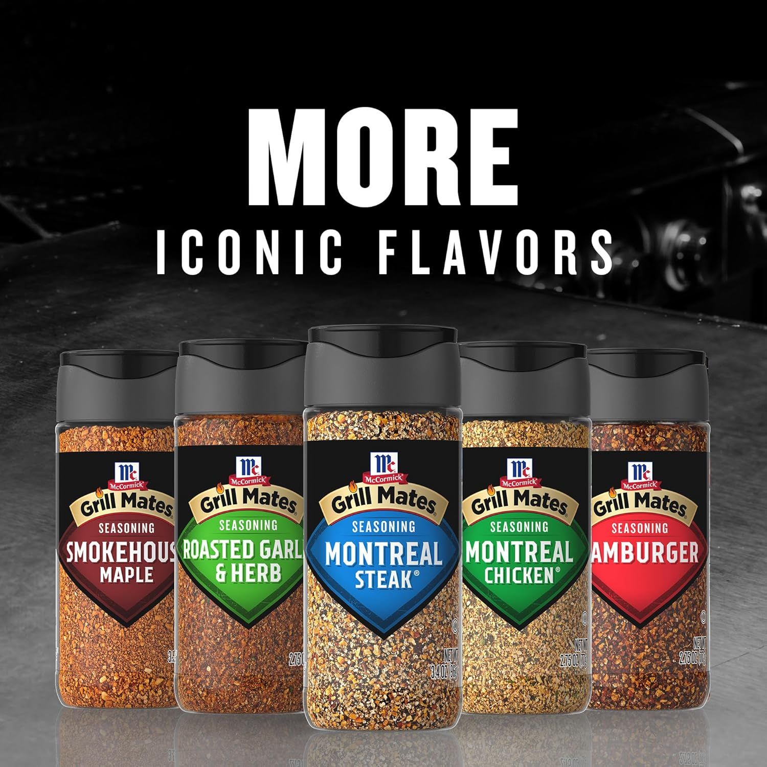 Showcases the McCormick Grill Mates product line with multiple flavor options to help shoppers understand the variety available and encourage exploration of the brand's offerings.