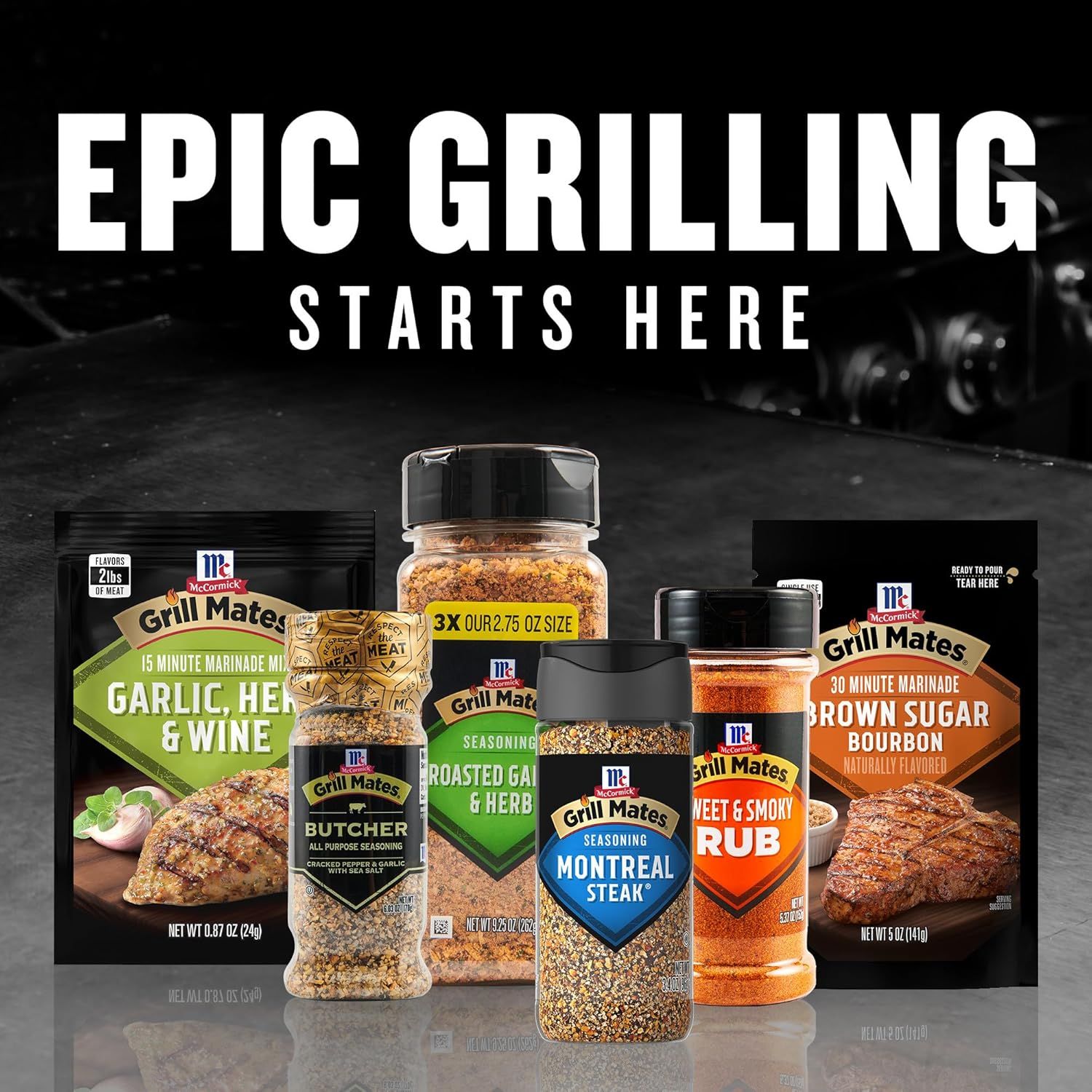 Showcases the McCormick Grill Mates product line with multiple seasoning and marinade options to establish brand identity and help shoppers understand the variety available within the brand family.