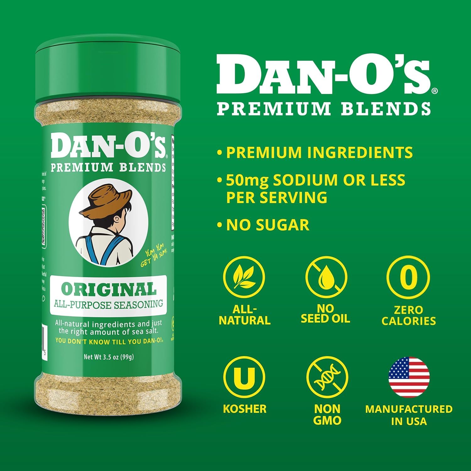Communicates multiple health-conscious and quality attributes of the seasoning to appeal to shoppers seeking clean-label, natural, and dietary-friendly products.