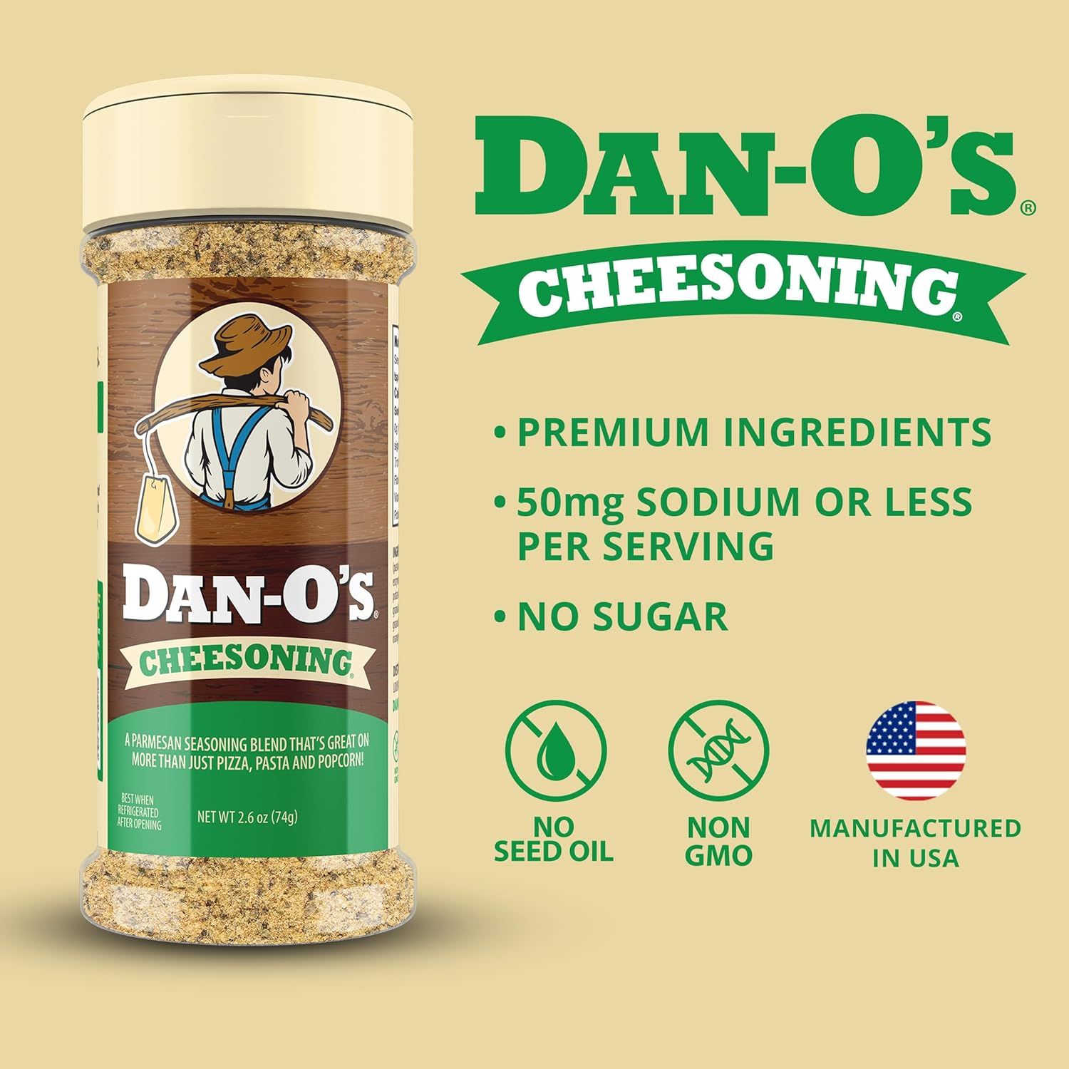 Communicates multiple health and quality benefits of the cheesoning product to reassure shoppers about ingredient quality, dietary considerations, and manufacturing origin.
