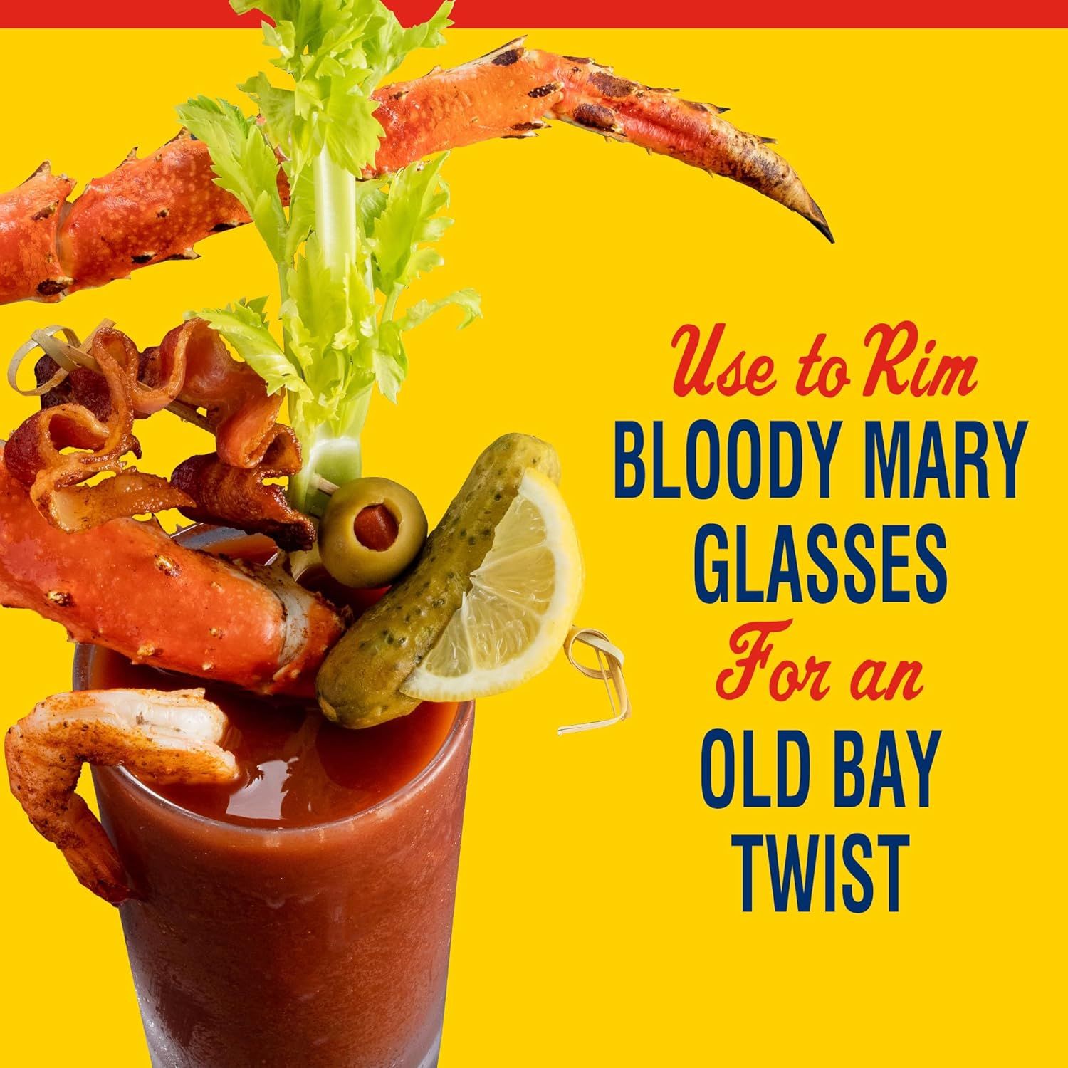 Demonstrates a creative use case for the product (Old Bay seasoning) by showing how it can be used to rim Bloody Mary glasses, encouraging shoppers to see the product's versatility beyond…