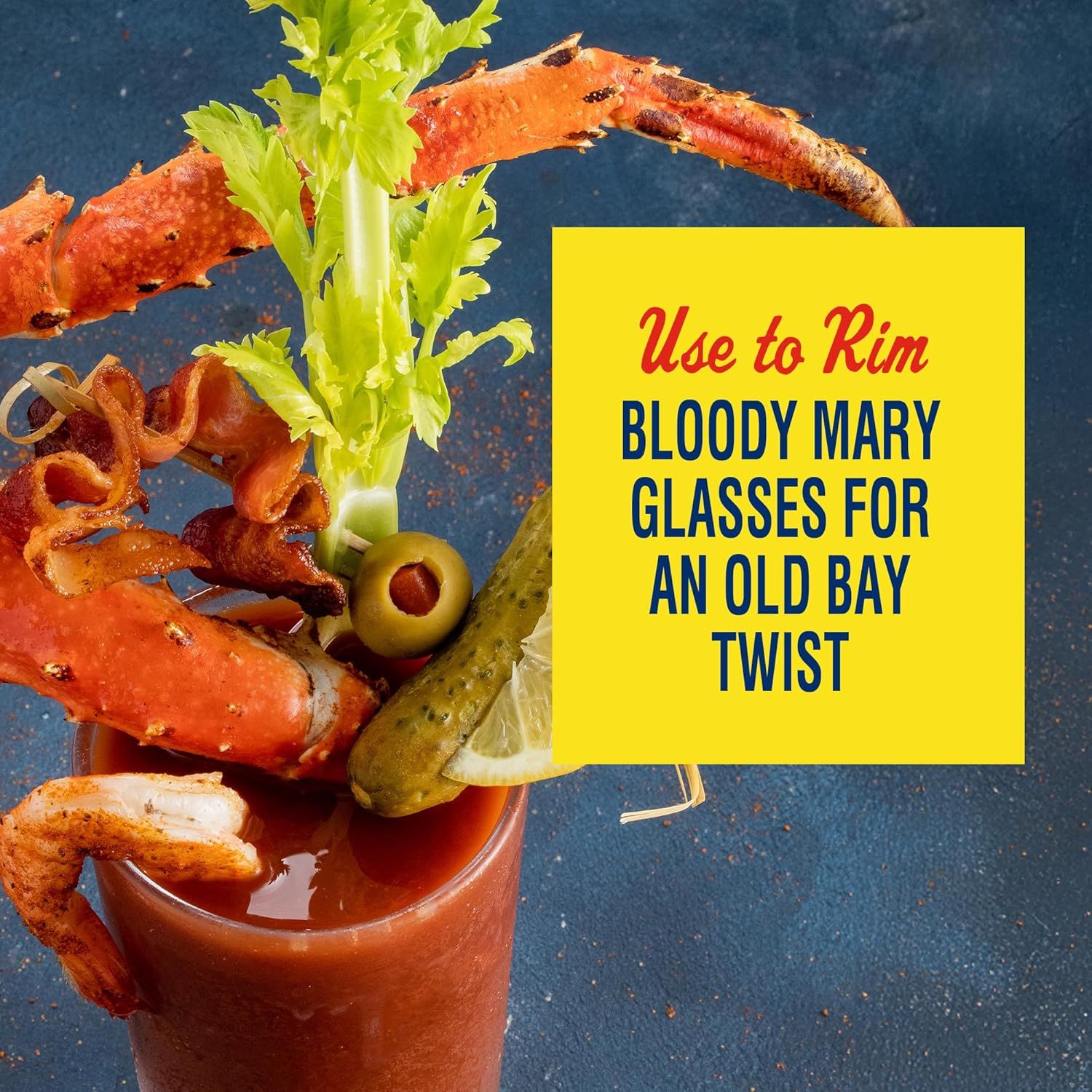 Demonstrates a creative use case for the product (Old Bay seasoning) by showing how it can be used to rim Bloody Mary glasses, expanding the product's versatility beyond traditional cooking…