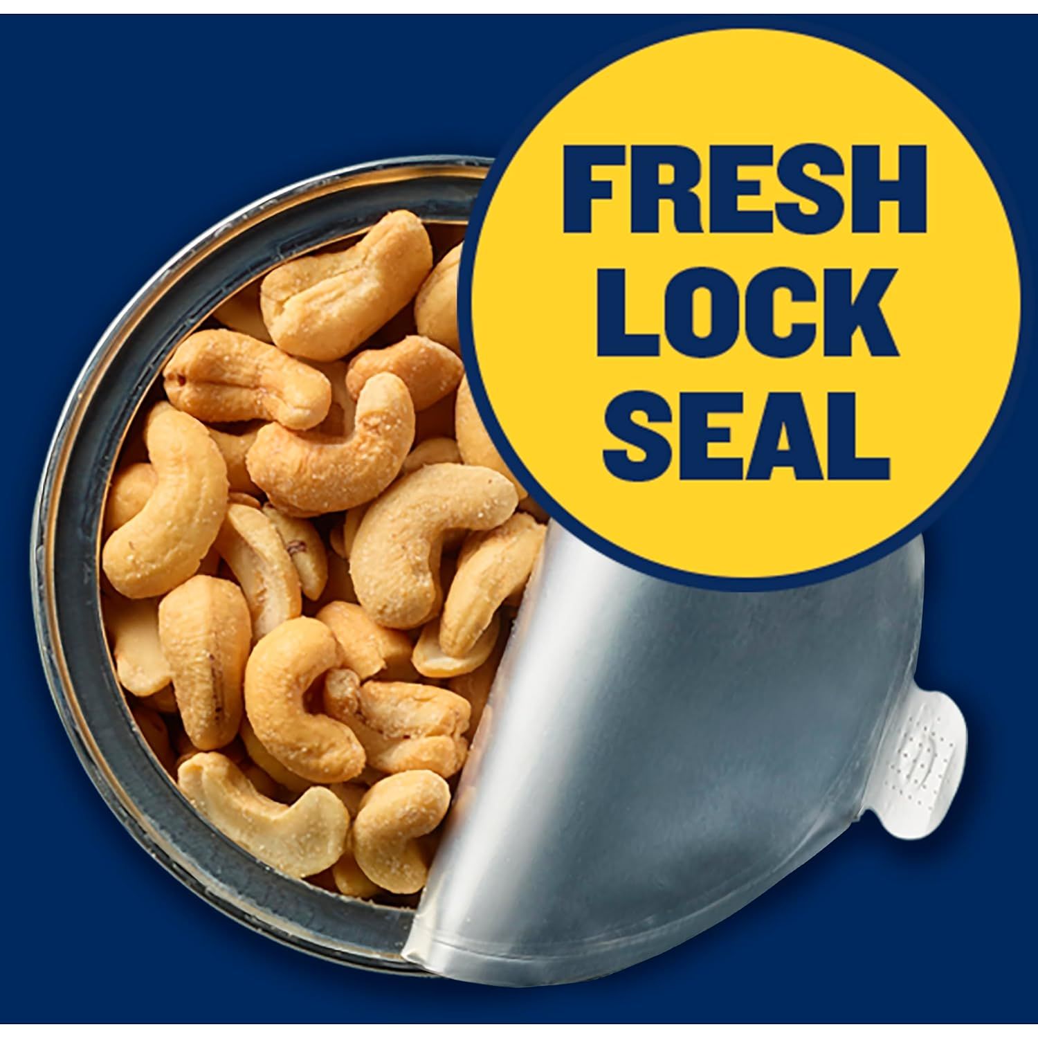 Highlights the product's fresh lock seal feature to reassure shoppers that the cashews will stay fresh and maintain quality after opening.