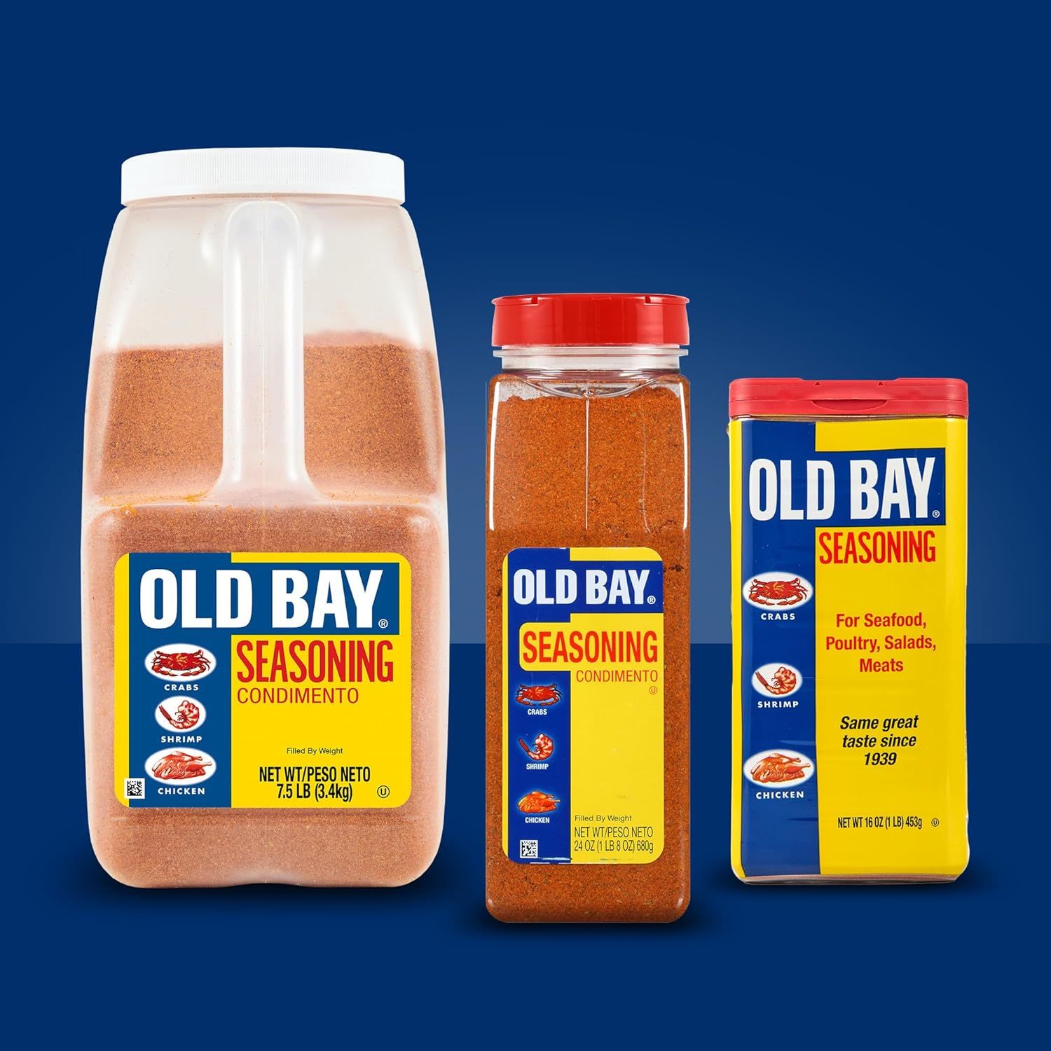 Showcases the brand's product portfolio by displaying three different size options of Old Bay Seasoning, helping shoppers choose the right size for their needs.