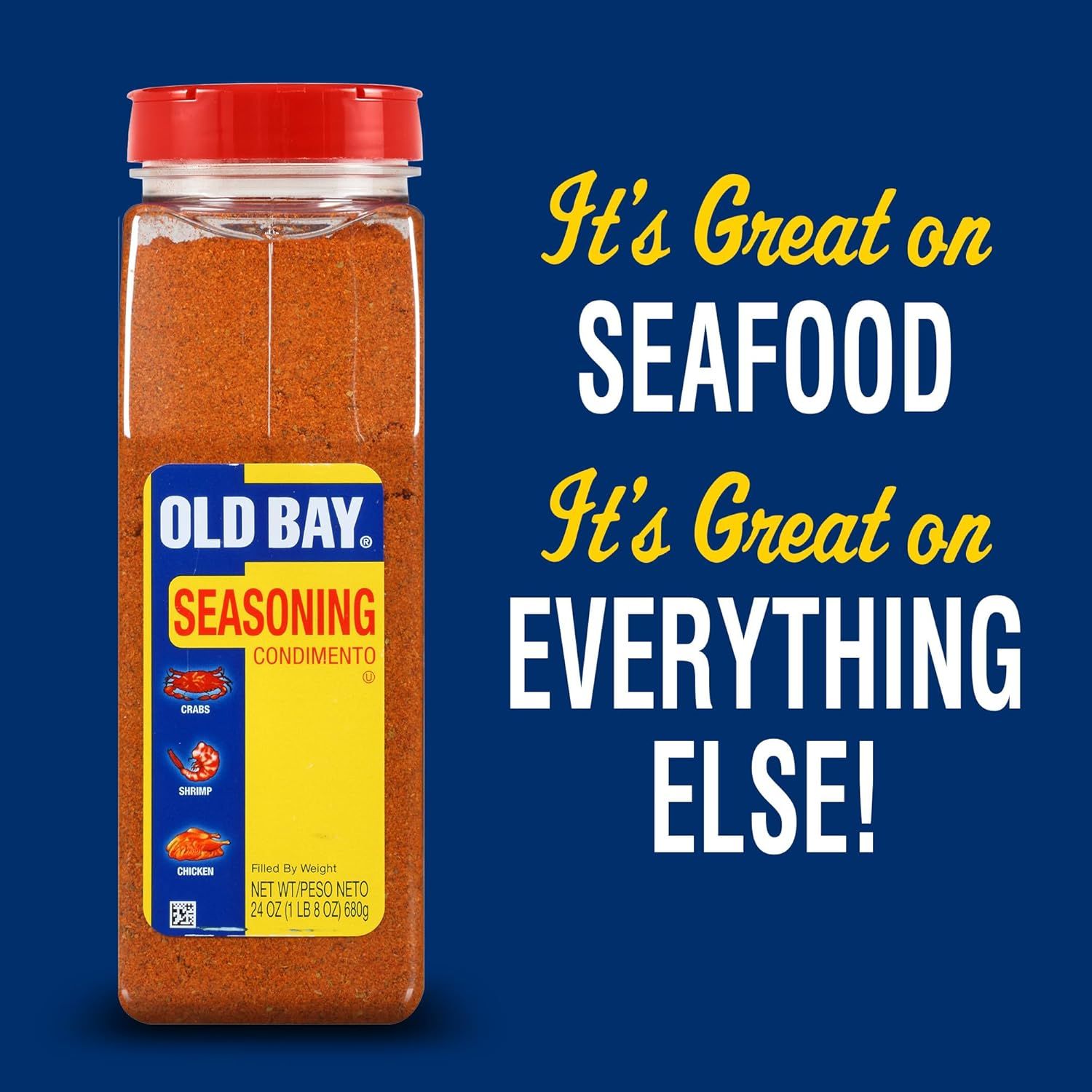 Demonstrates the product's versatility by highlighting that it works great on seafood and everything else, showing multiple use cases to appeal to a broader audience. Communicates the overarching…