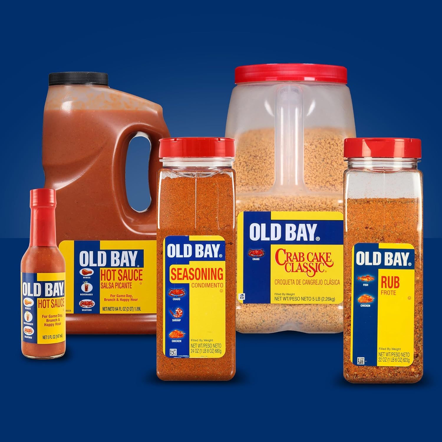 Displays the full range of Old Bay product formats and sizes to help shoppers understand the brand's complete offering and choose the right option for their needs.