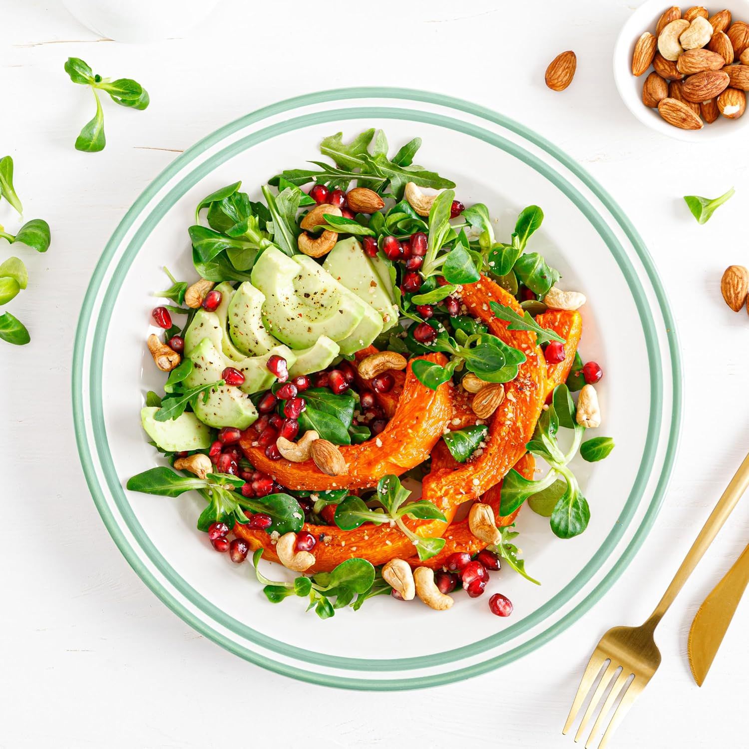 Showcases the product (likely a meal kit, salad ingredients, or food product) in an attractive, real-world dining context to inspire shoppers and demonstrate how appetizing and fresh the final…