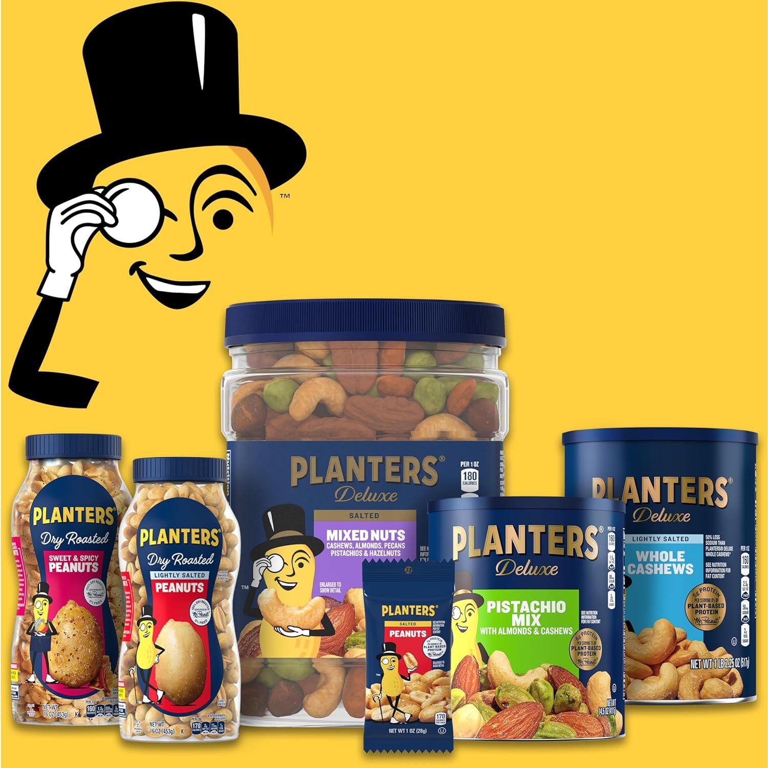 Showcases the Planters brand product portfolio and variety of nut offerings, using the iconic Mr. Peanut mascot to reinforce brand identity and help shoppers understand the range of options available.