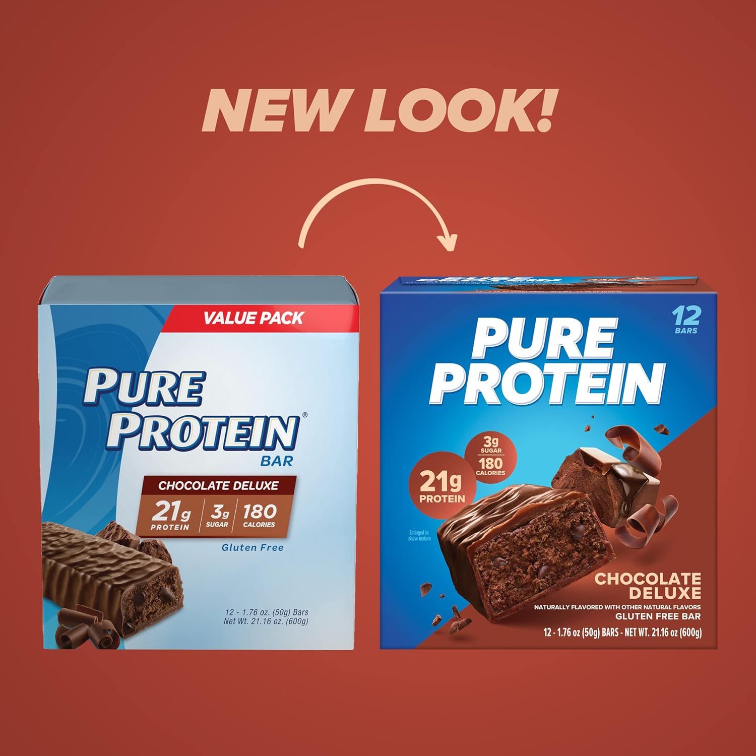 Communicates a packaging refresh to shoppers, showing the old and new box designs side-by-side to maintain brand recognition during the transition.
