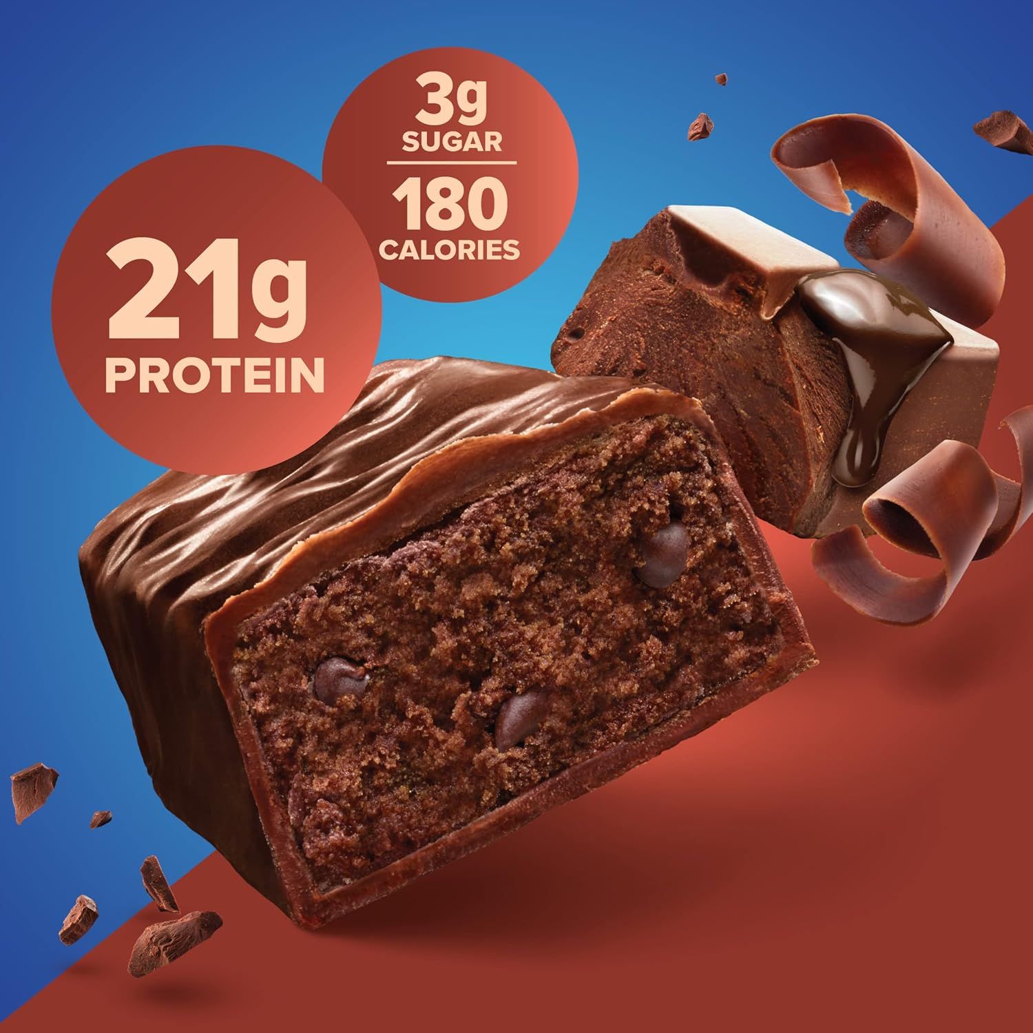Communicates the nutritional profile of the product by highlighting three distinct benefits: high protein content, low sugar, and low calories to appeal to health-conscious shoppers.