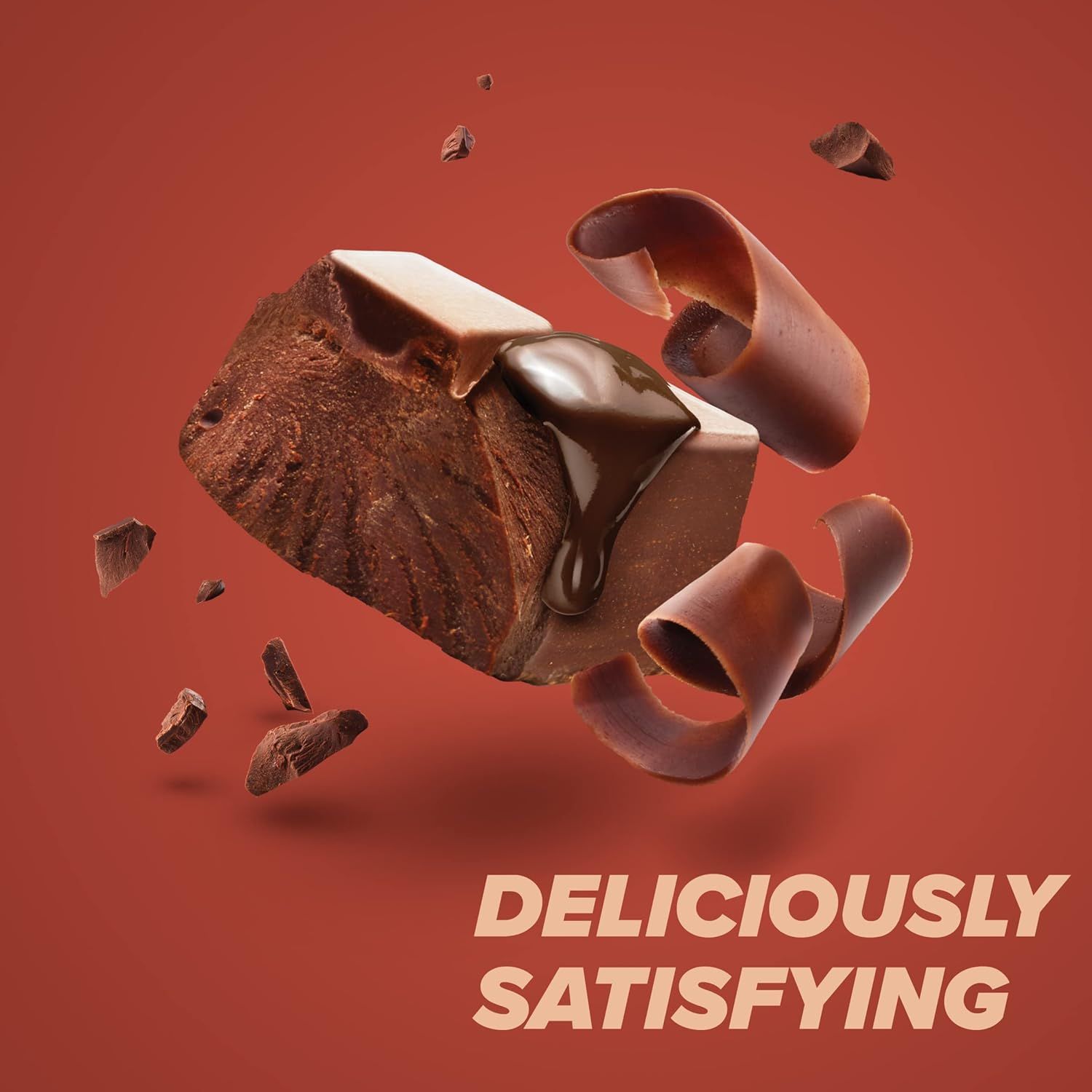 Communicates the rich, indulgent taste and satisfying quality of the chocolate product through dramatic visual styling and simple benefit messaging.