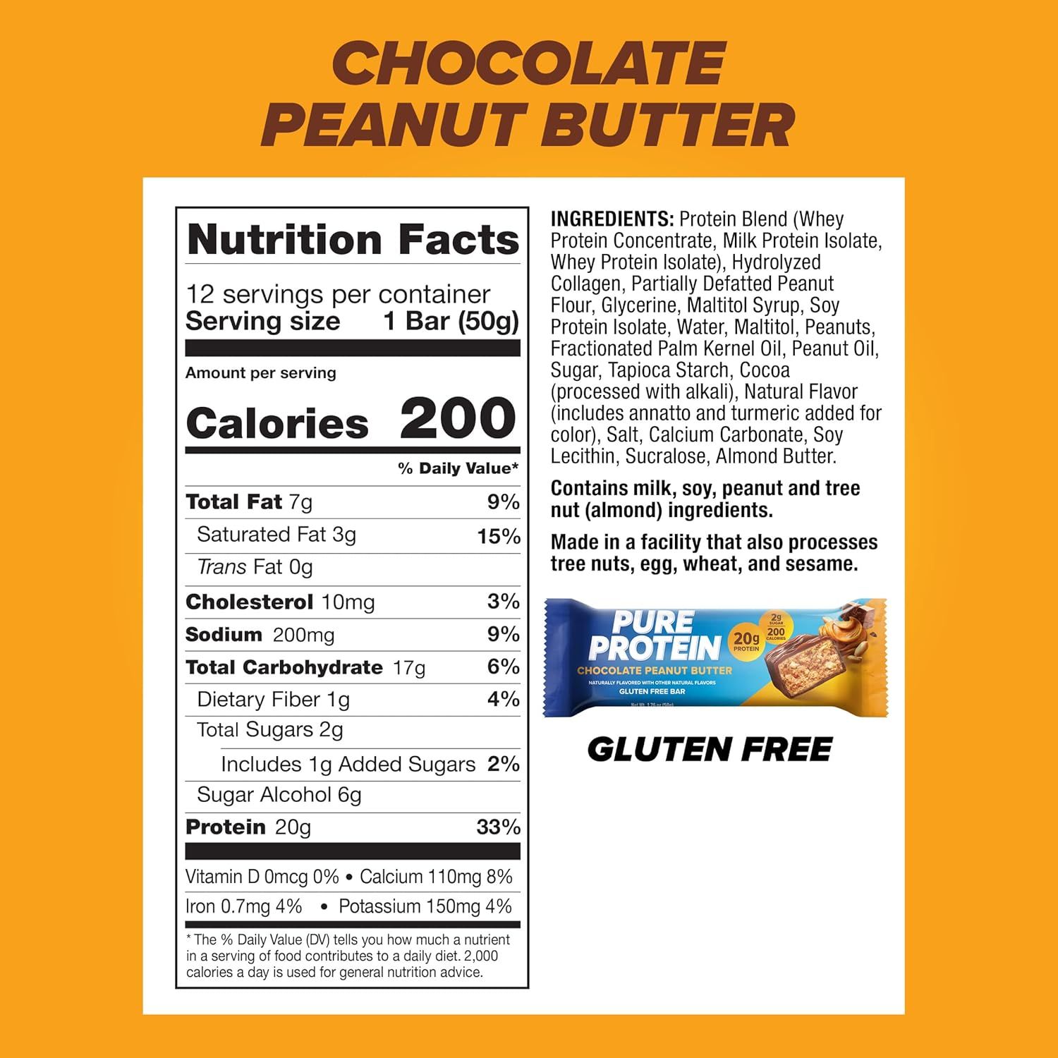 Communicates multiple key product benefits including high protein content, calorie count, gluten-free status, and complete nutritional information to help shoppers make an informed purchase decision.