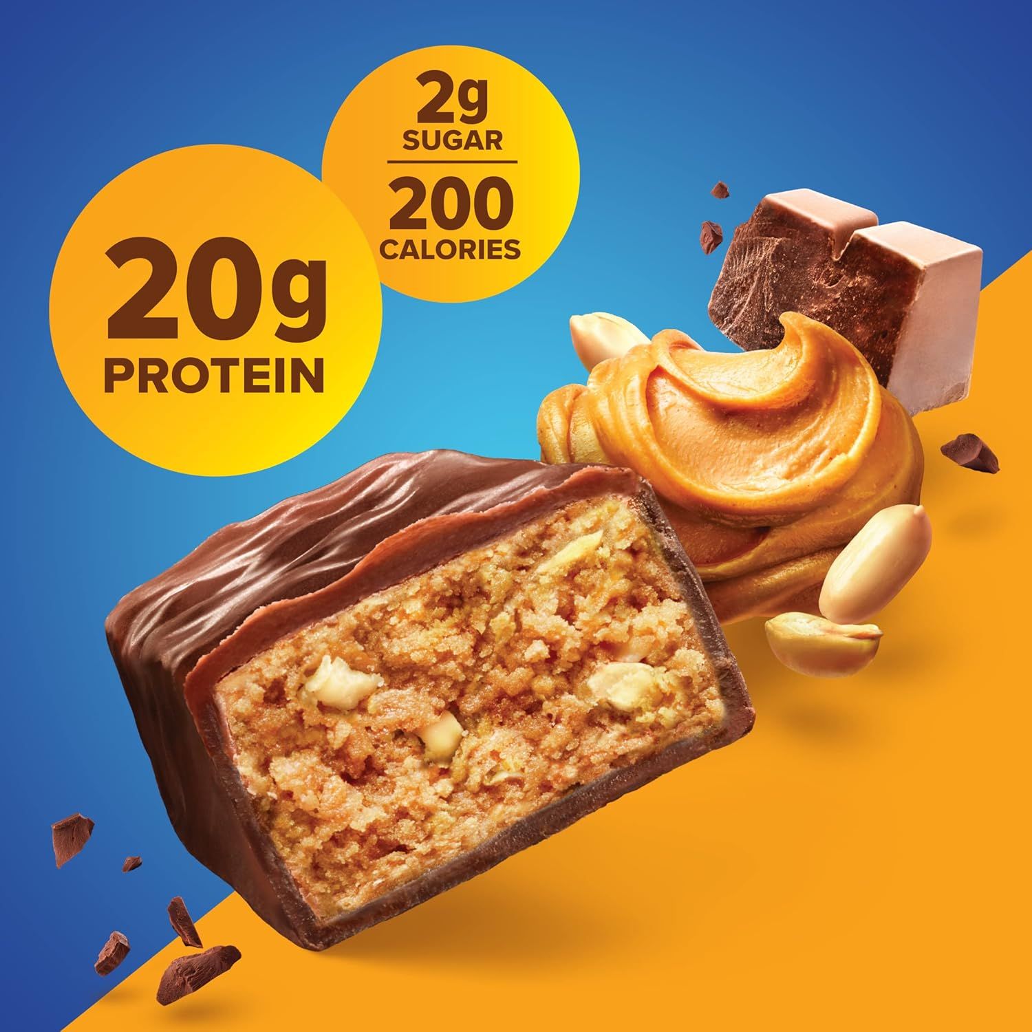 Communicates the product's nutritional performance stats (20g protein, 2g sugar, 200 calories) to appeal to health-conscious shoppers seeking a high-protein, low-sugar snack option. Highlights the…
