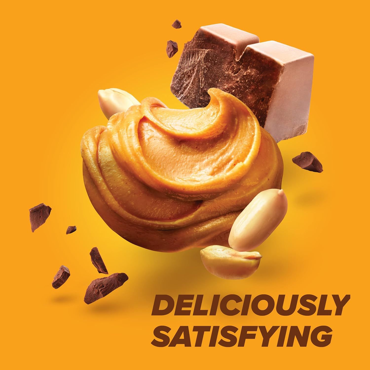 Communicates the delicious, satisfying taste of the product by showcasing its premium ingredients (peanut butter, chocolate, peanuts) in an appetizing, visually appealing way.