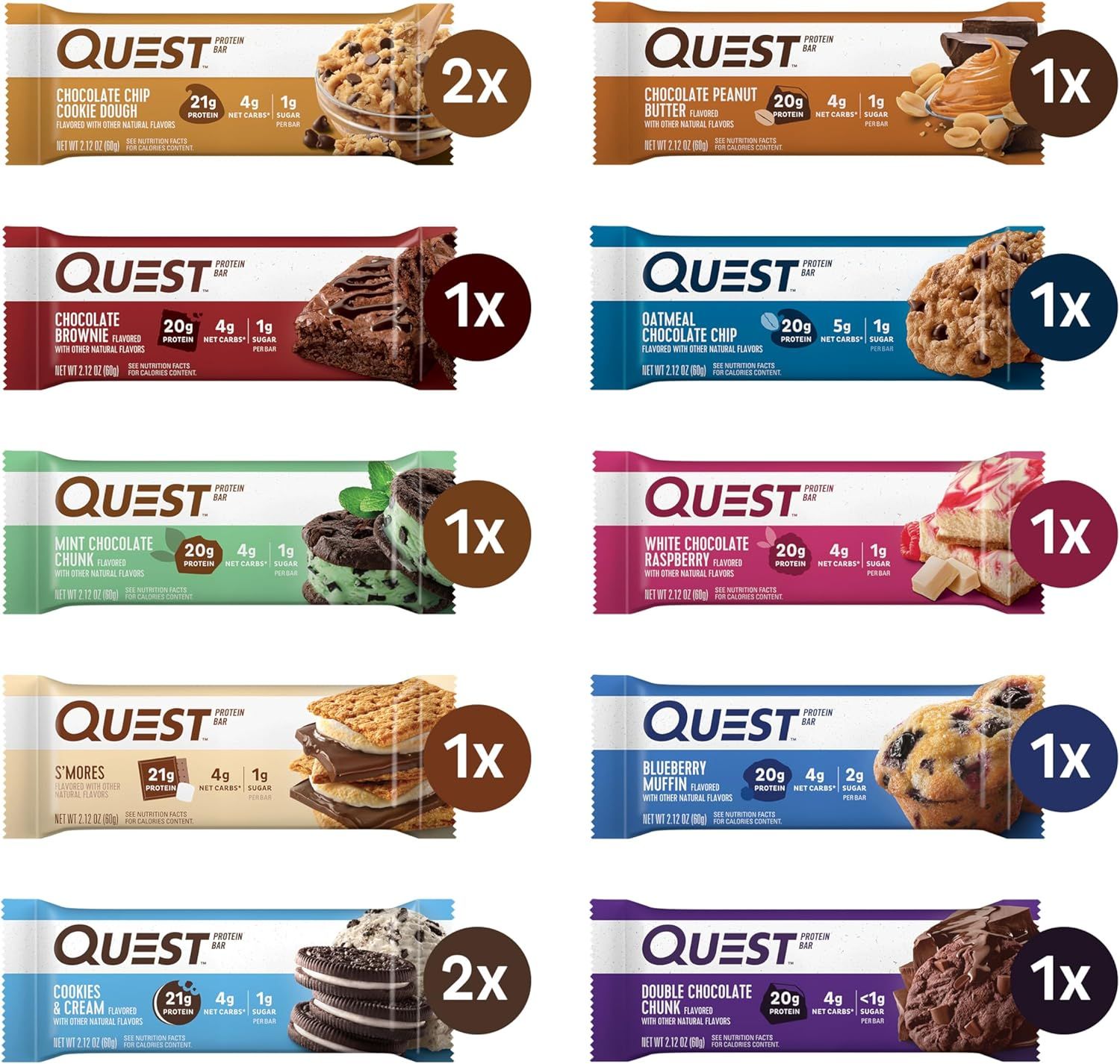 Showcases the brand's diverse product portfolio and flavor variety to help shoppers understand the full range of Quest protein bar options available.