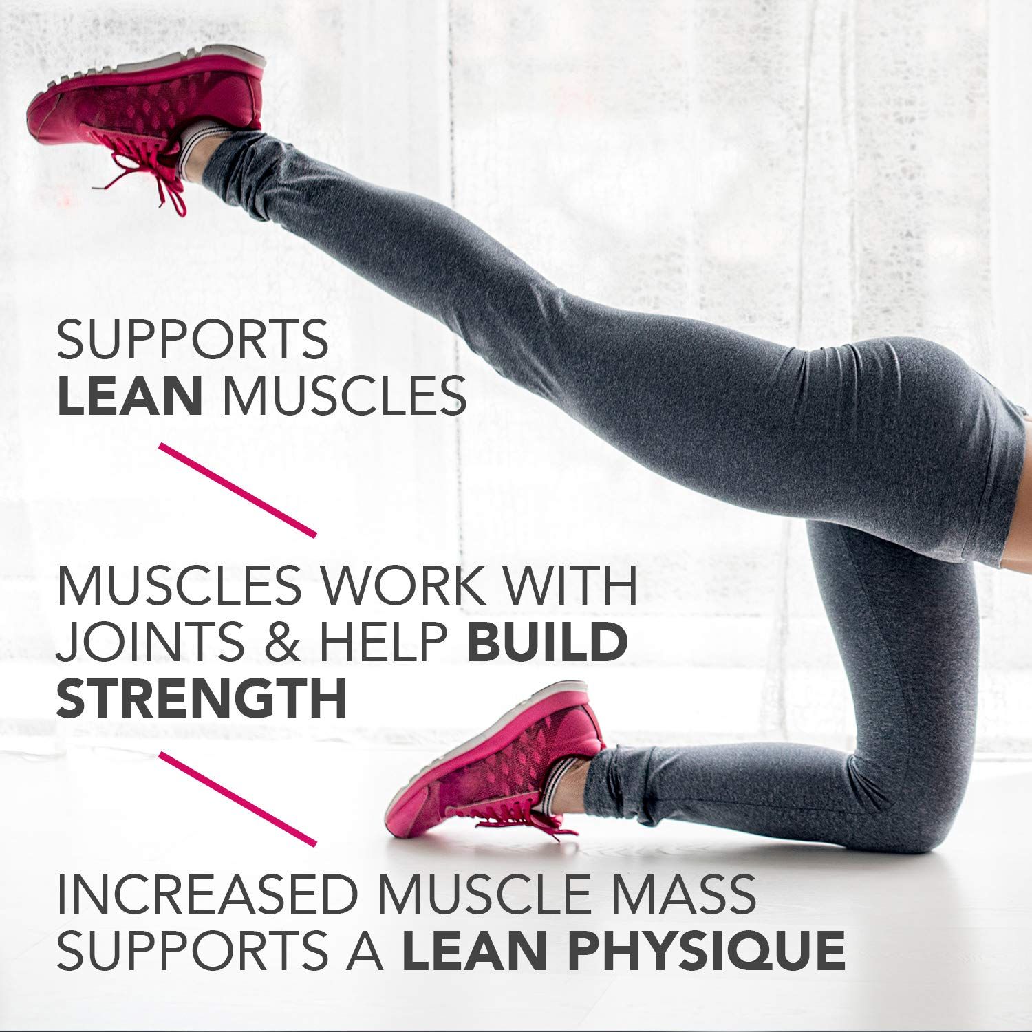 Communicates multiple fitness benefits of the product through a visually segmented layout with distinct callouts, showing how it supports lean muscles, builds strength, and promotes a lean physique.