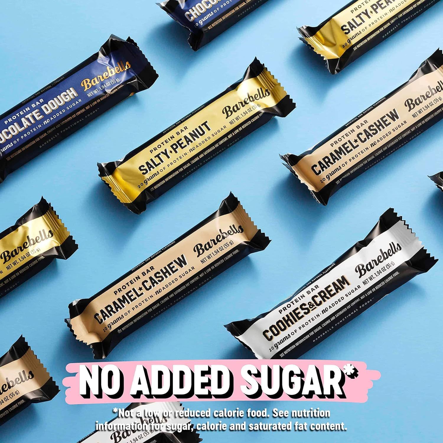 Displays the brand's full product line of protein bars in various flavors while emphasizing the 'No Added Sugar' benefit to help shoppers understand the variety available and a key health-focused…