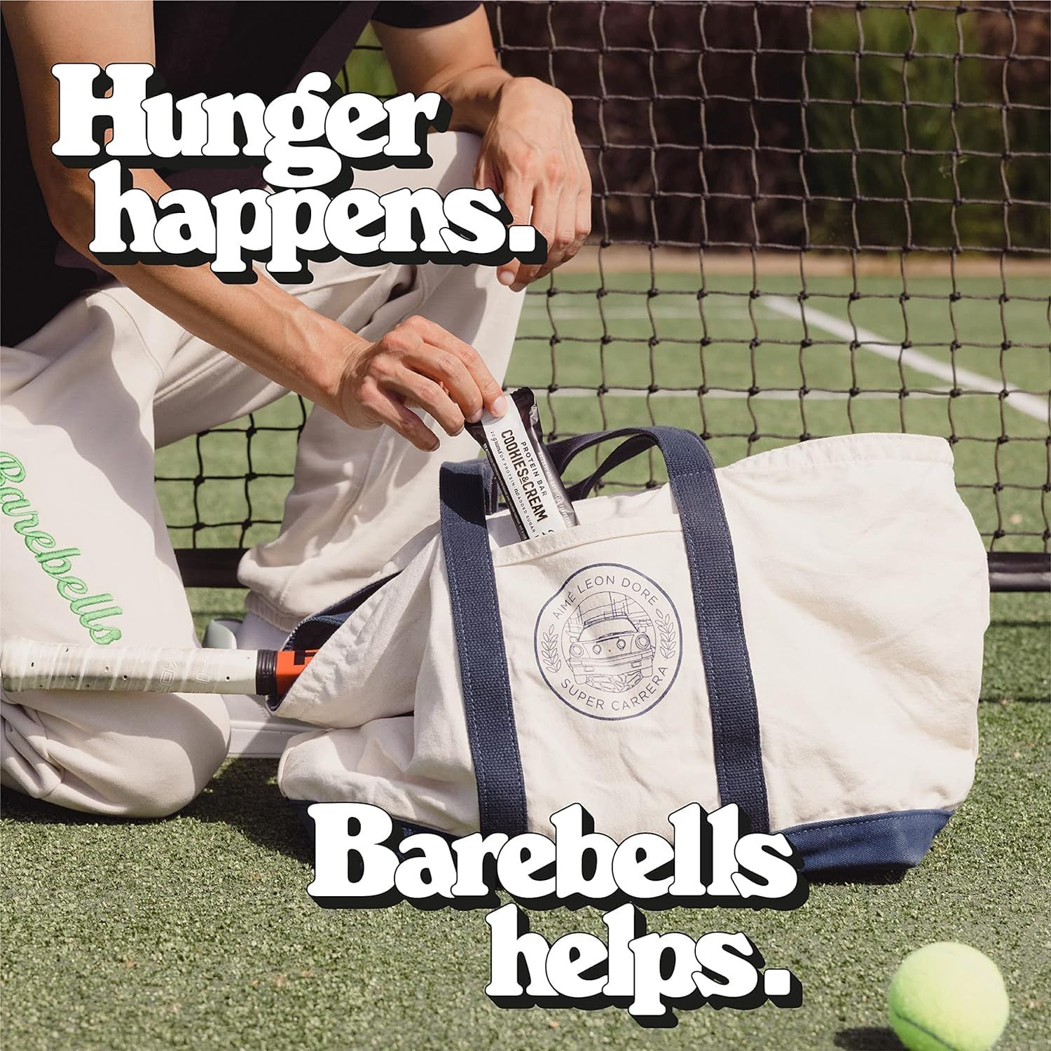 Demonstrates the product's use case in an athletic/sports context, showing it as a convenient solution for carrying snacks or supplements during physical activities. Communicates that the bag helps…