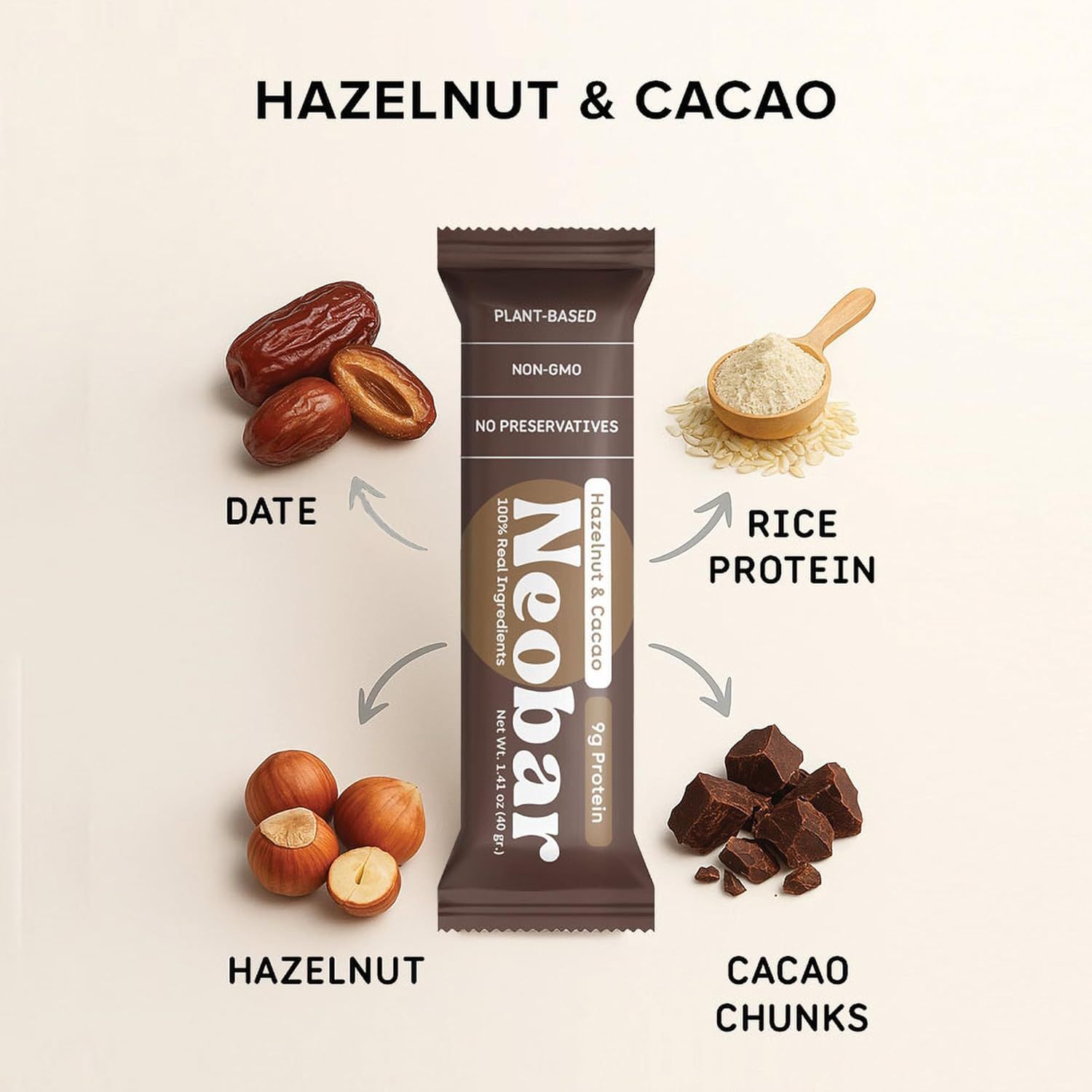 Shows the key natural ingredients that make up the protein bar (dates, hazelnuts, rice protein, cacao chunks) to communicate transparency, quality, and wholesome composition to health-conscious…