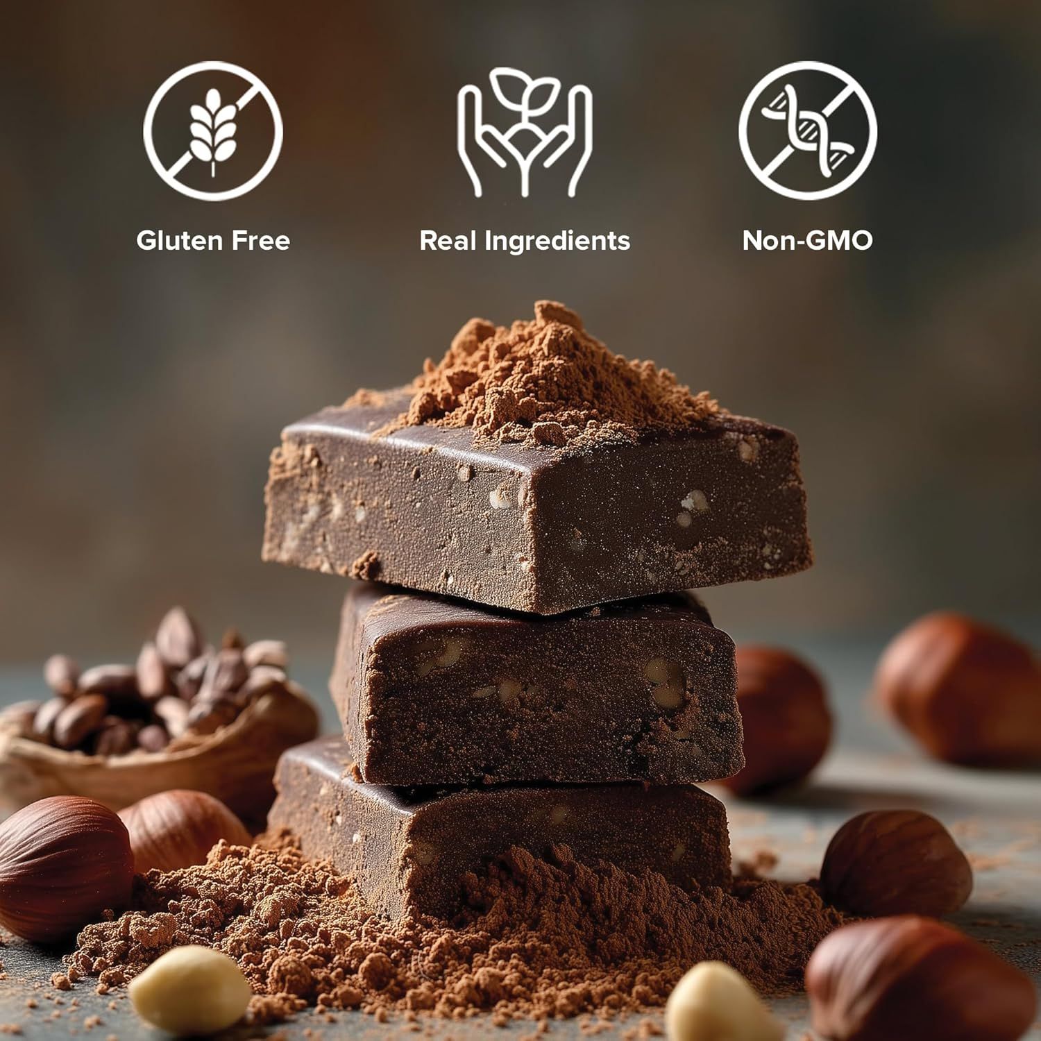 Communicates multiple health and quality benefits of the product through three distinct certification icons, reassuring health-conscious shoppers about ingredient quality and dietary compatibility.
