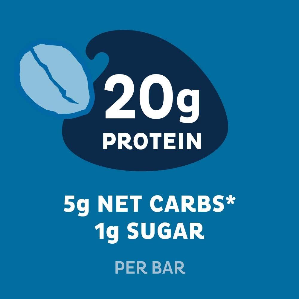 Communicates the nutritional benefits of the protein bar by highlighting three key metrics (20g protein, 5g net carbs, 1g sugar) to appeal to health-conscious and fitness-focused shoppers.