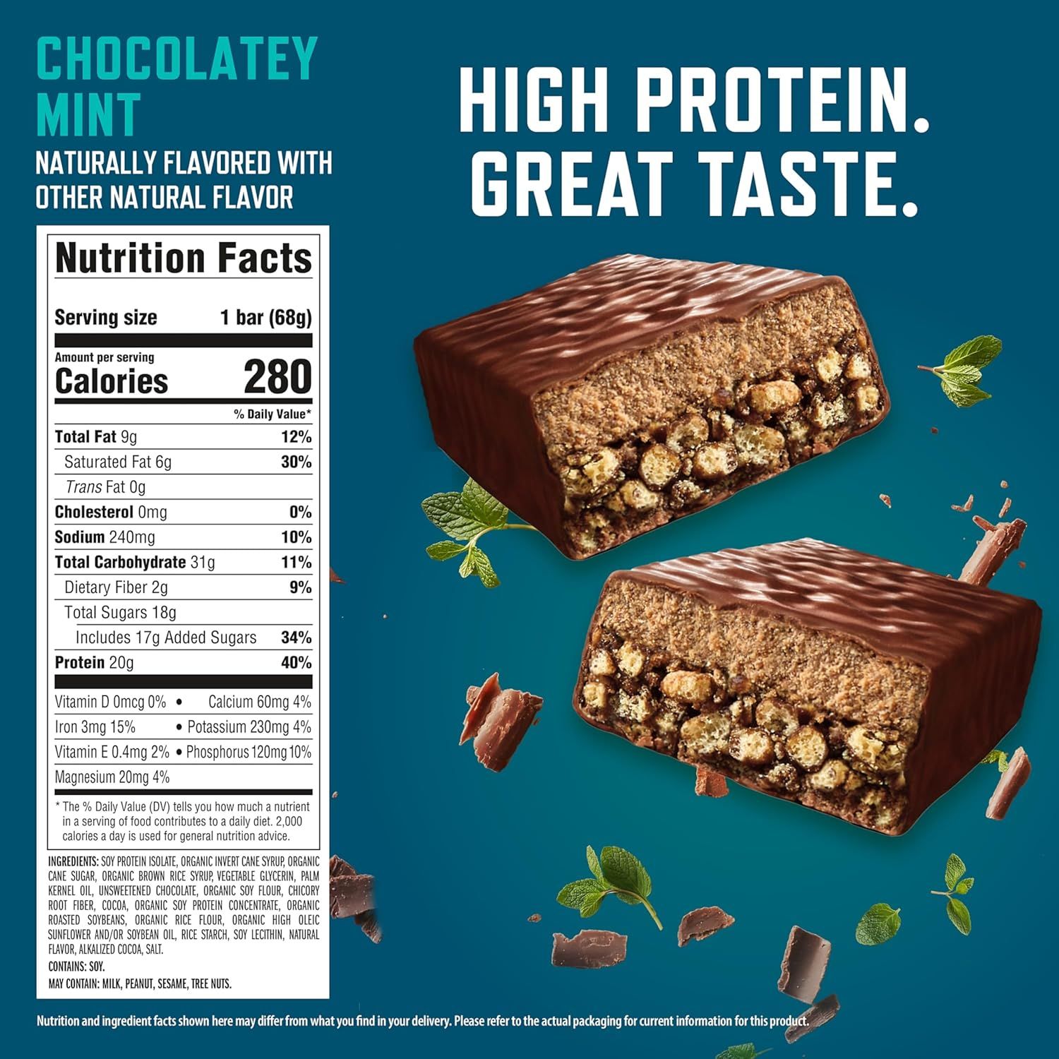Communicates multiple key selling points of the protein bar: high protein content (20g), appealing taste (Chocolatey Mint flavor), and complete nutritional transparency to help shoppers make an…