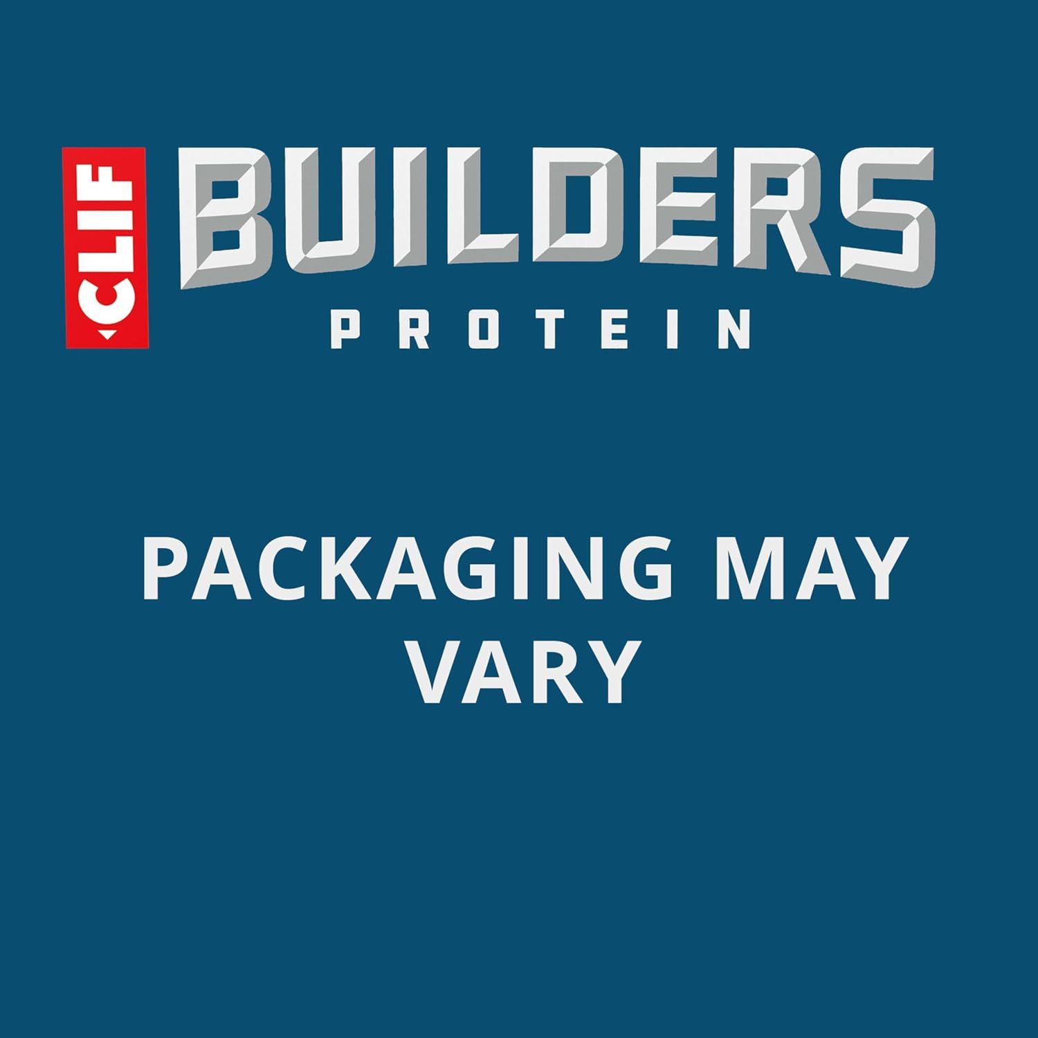Communicates the Clif Builders Protein brand identity and sets expectations that packaging may vary, building brand recognition and trust.