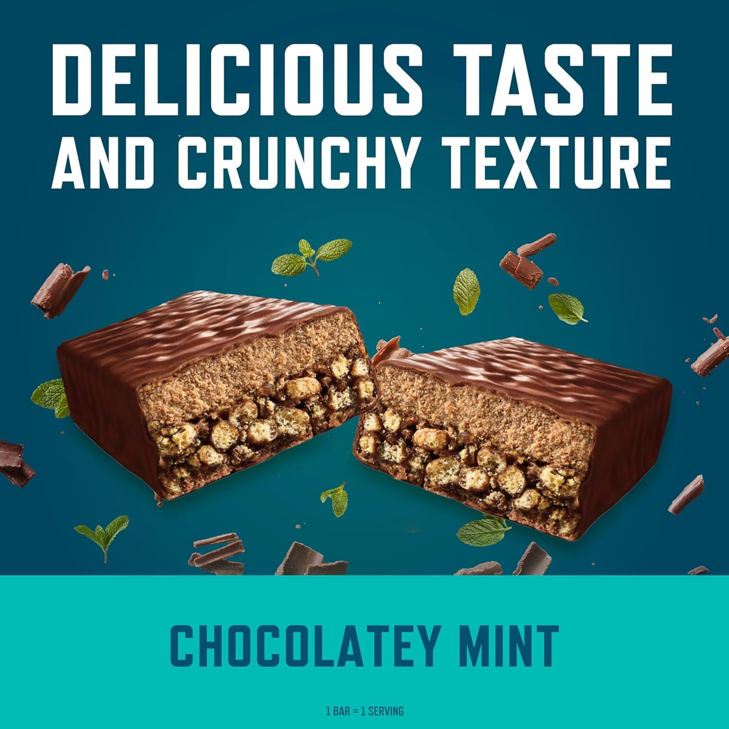 Shows the internal structure and layers of the chocolate bar to highlight the crunchy texture and delicious taste, reassuring shoppers about the quality and composition of the product. Communicates…