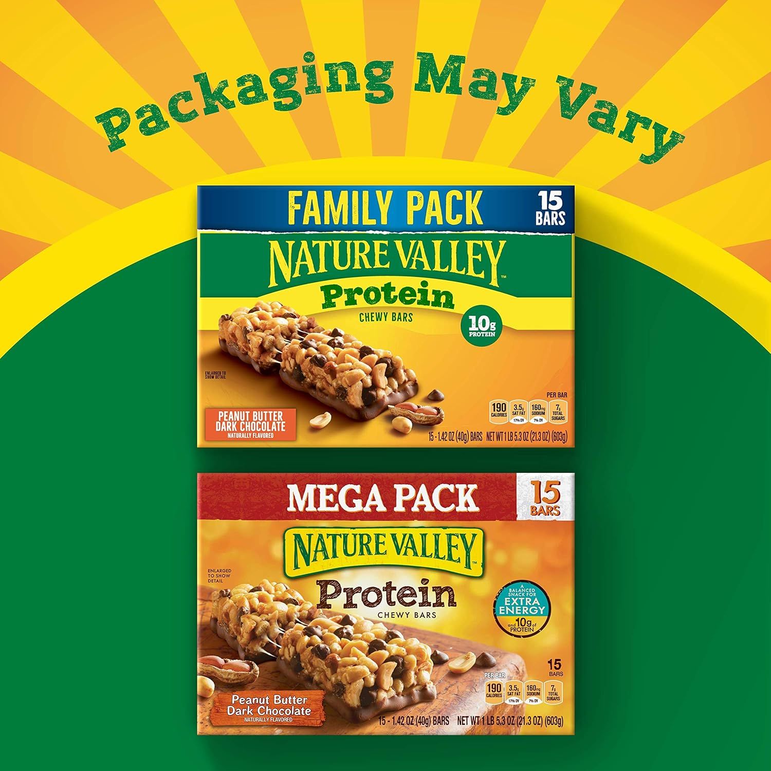 Shows the brand's different packaging options (Family Pack vs. Mega Pack) for the same product line, helping shoppers understand available size and format choices.