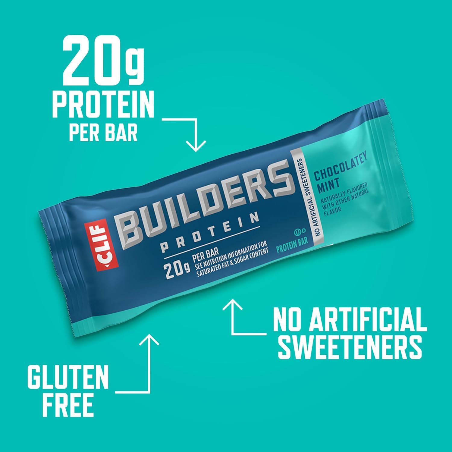 Communicates multiple key product benefits in a segmented layout with callouts, highlighting the protein content, gluten-free formulation, and absence of artificial sweeteners to appeal to…