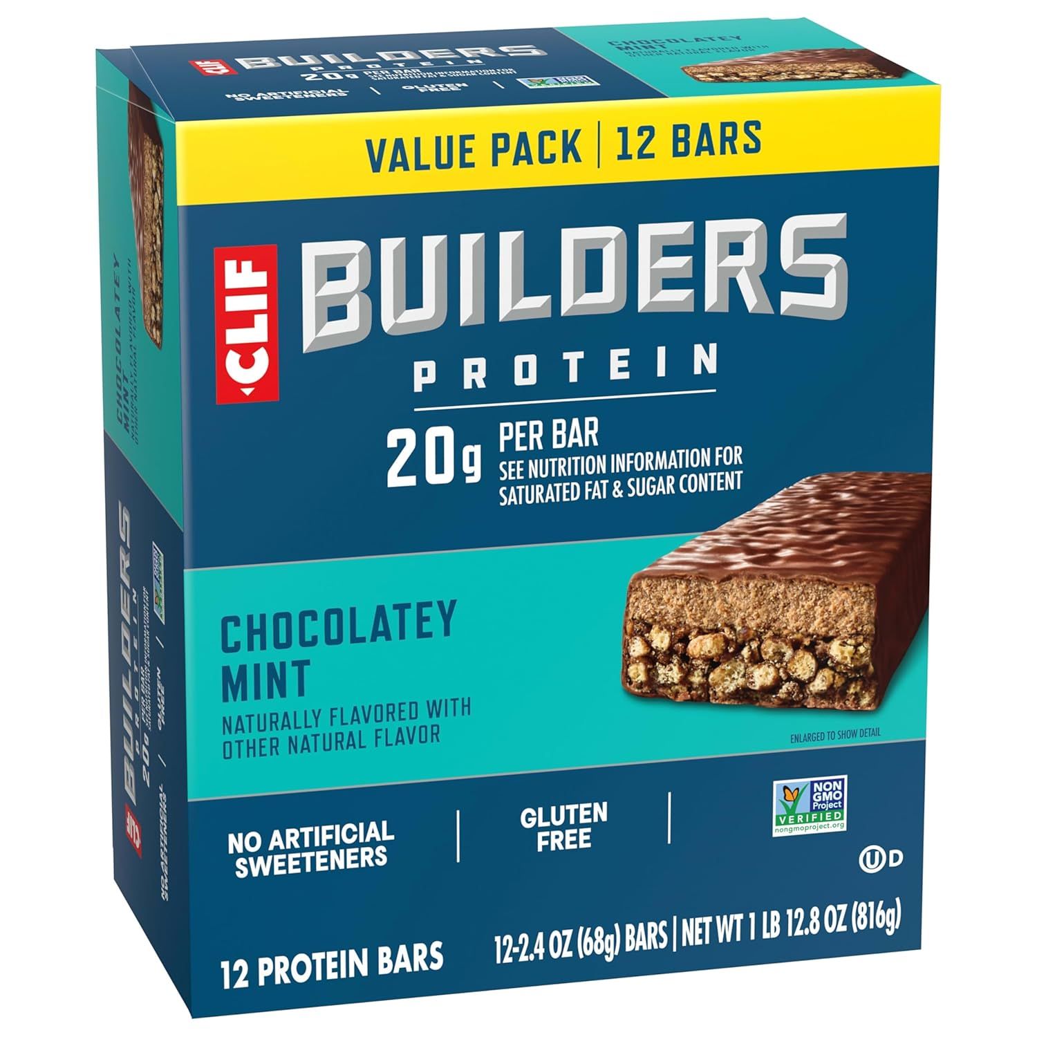 Communicates multiple key product benefits and certifications to reassure shoppers about the protein bar's nutritional value, clean ingredients, and dietary compatibility.