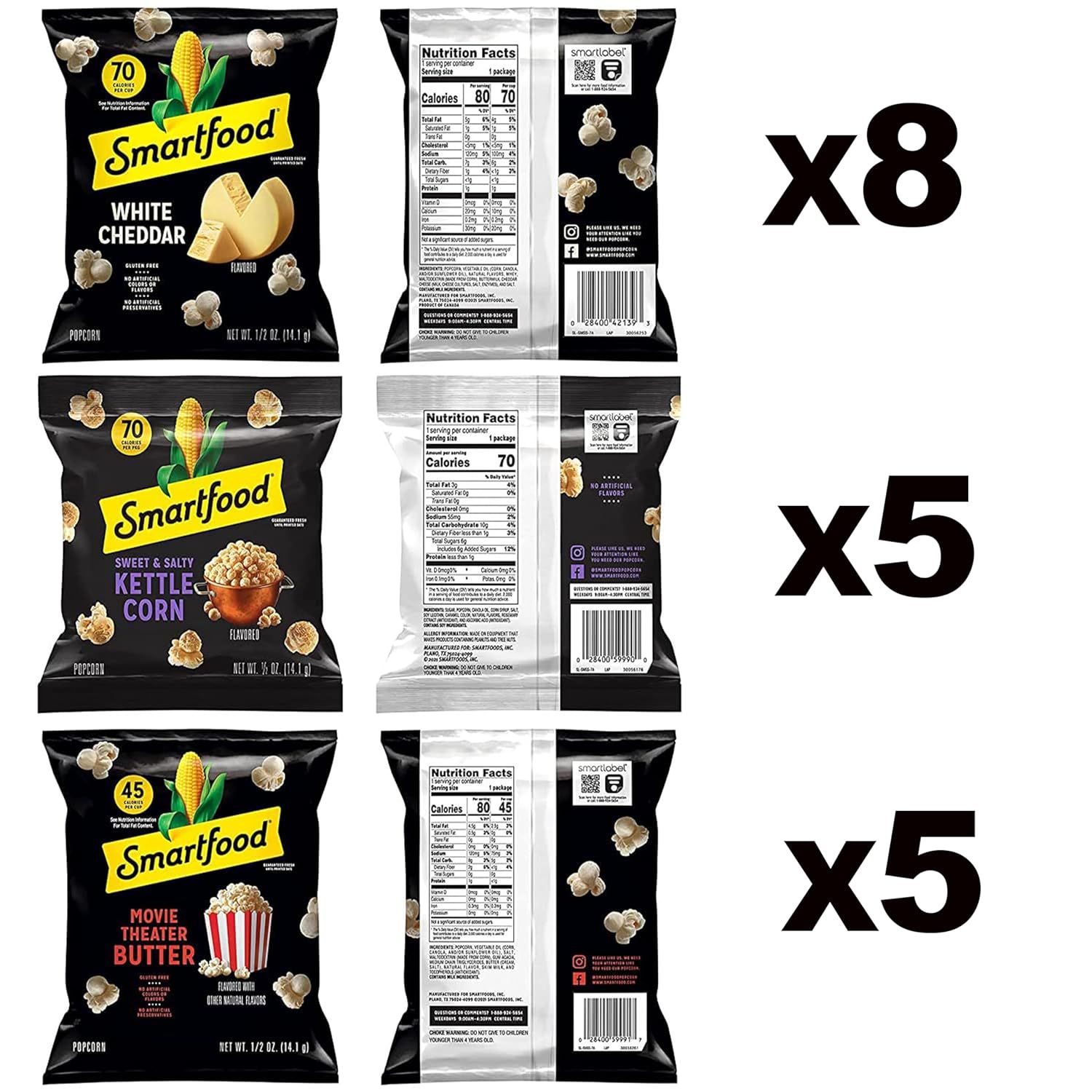 Shows the customer exactly what they will receive in this variety pack bundle: 8 bags of White Cheddar, 5 bags of Sweet & Salty Kettle Corn, and 5 bags of Movie Theater Butter popcorn, helping them…