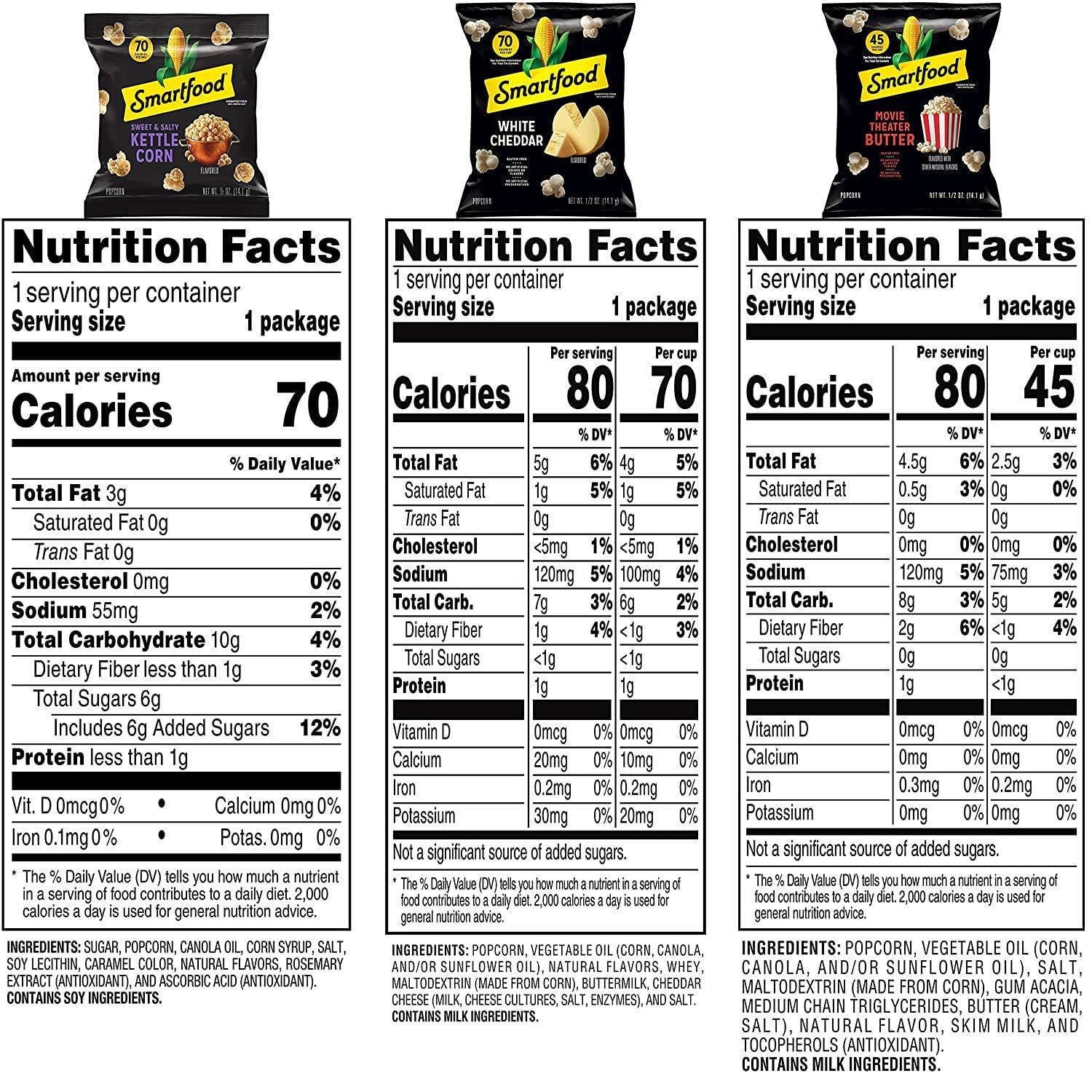 Displays the brand's product lineup side-by-side with nutrition facts for three different Smartfood popcorn flavors, helping shoppers compare options and choose their preferred variety.