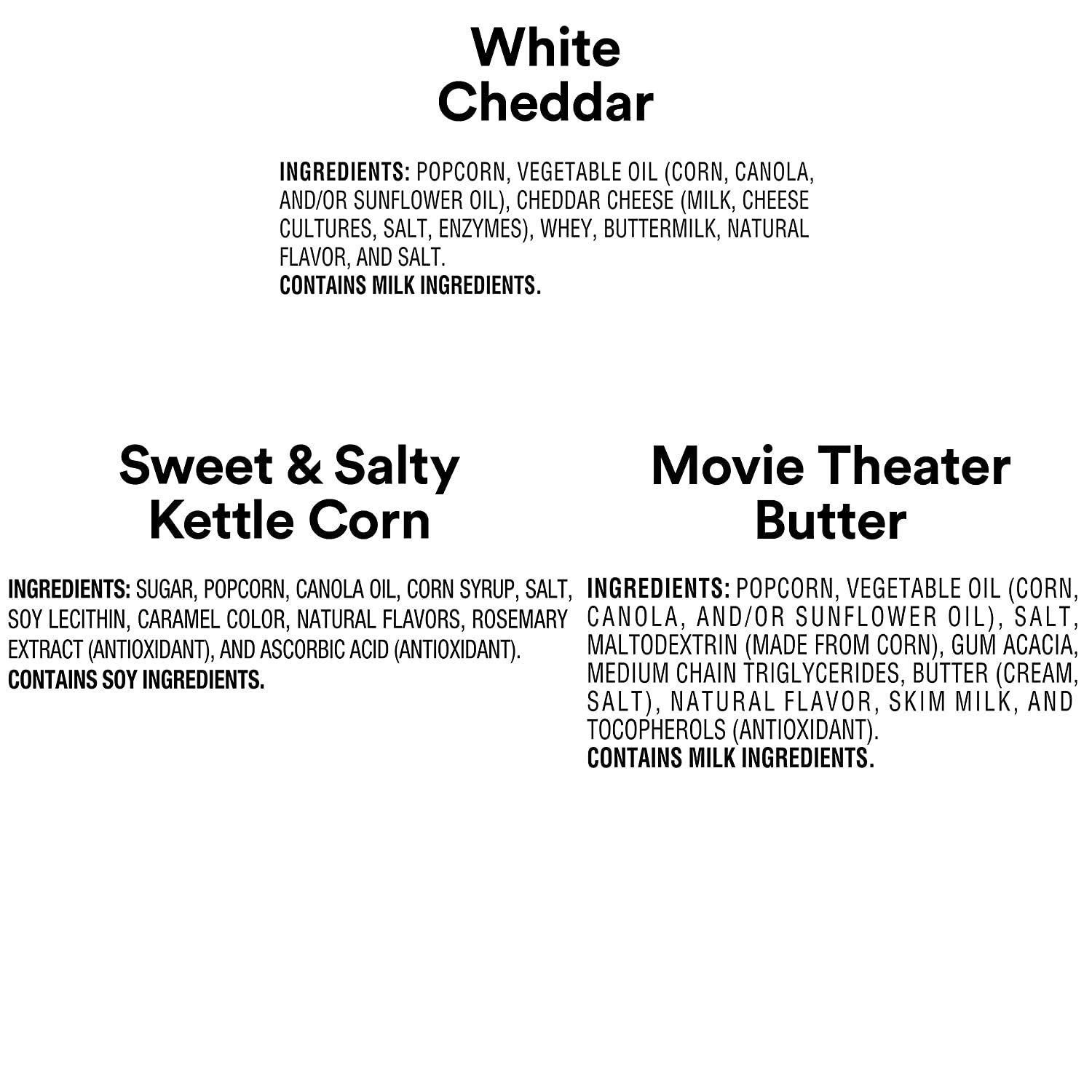 Showcases the brand's product portfolio by displaying three different popcorn flavor options with their ingredients, helping shoppers understand the variety available and choose the flavor that best…
