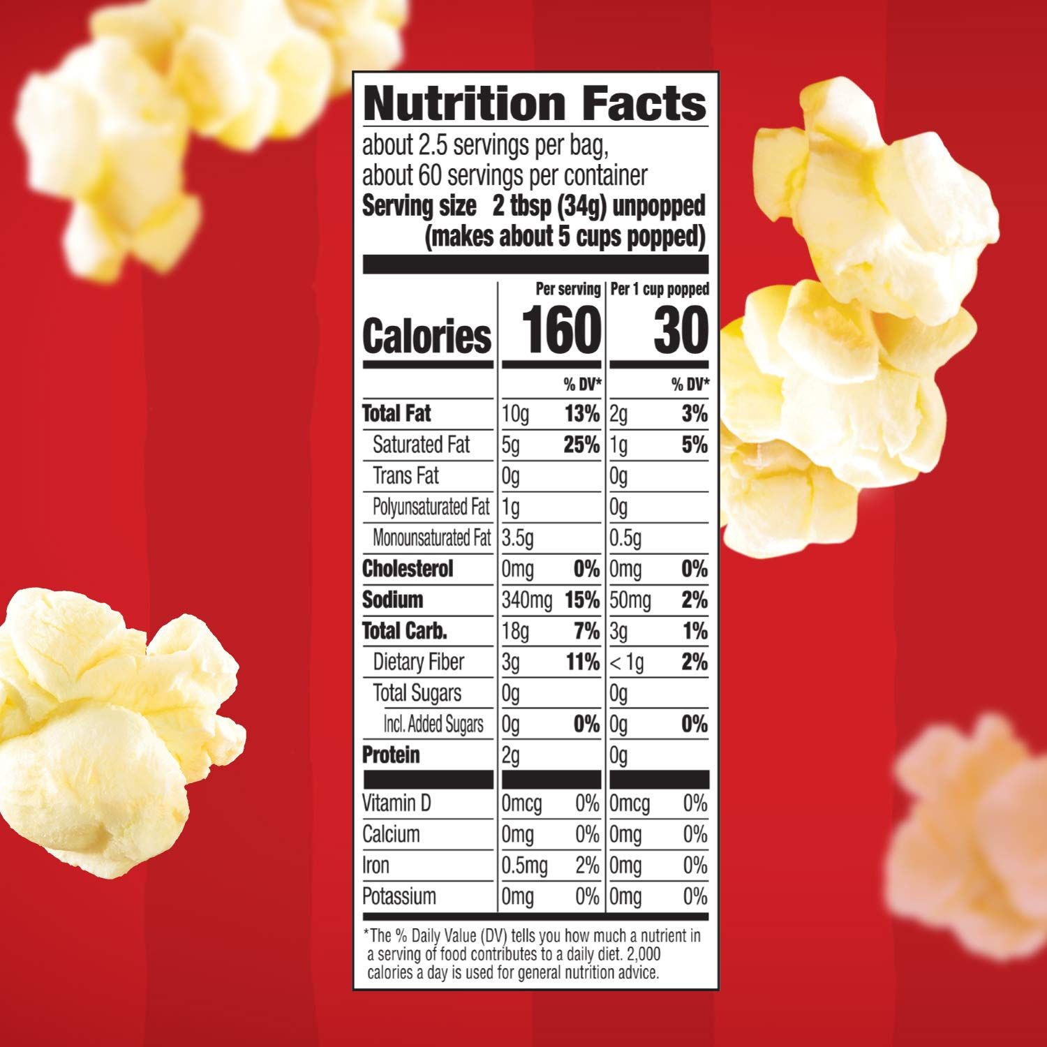Communicates the nutritional value and serving size information to help shoppers understand the calorie content per serving and per cup popped, reassuring them about portion control and nutritional…