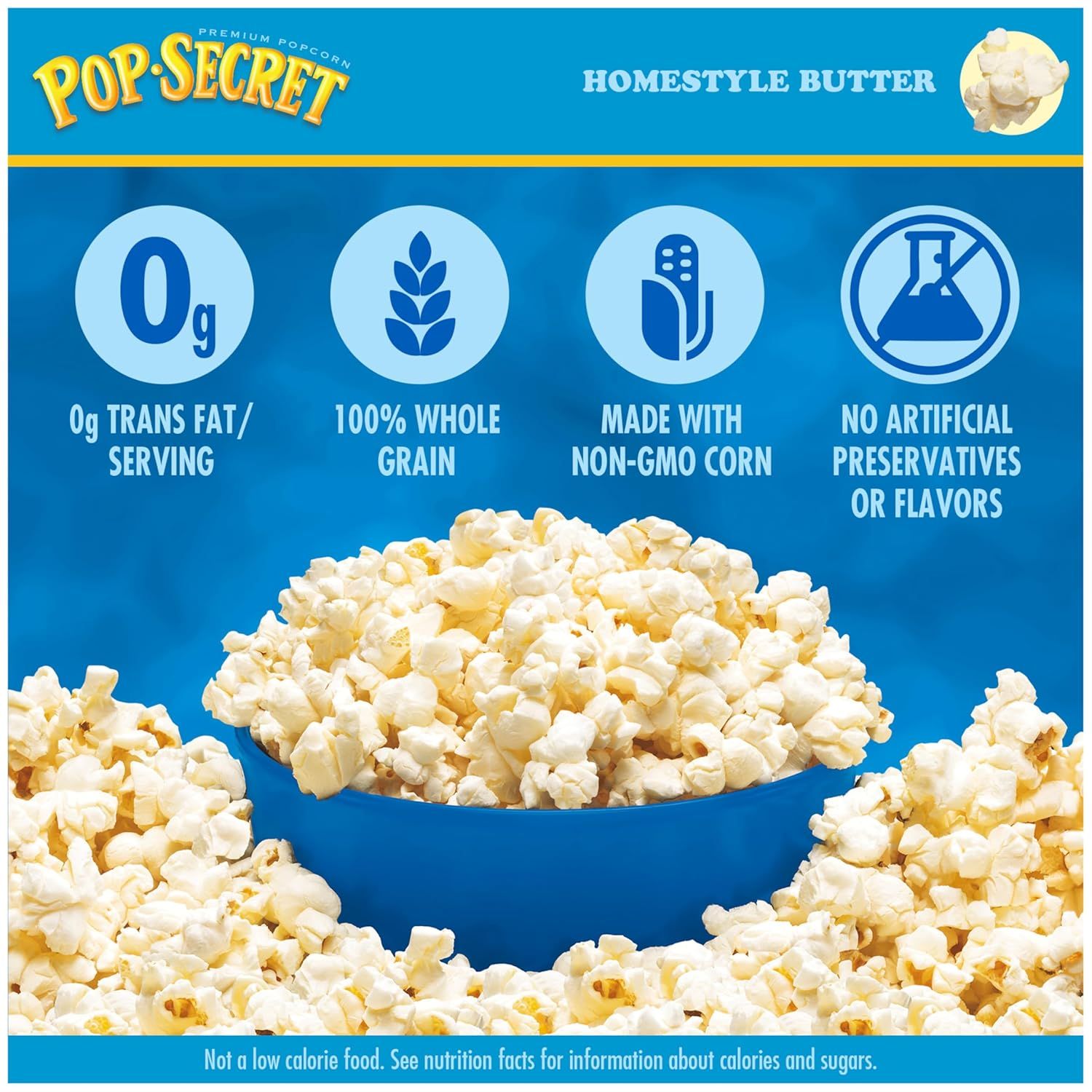 Communicates multiple health and quality benefits of the popcorn to reassure shoppers about the product's nutritional value and clean ingredients.