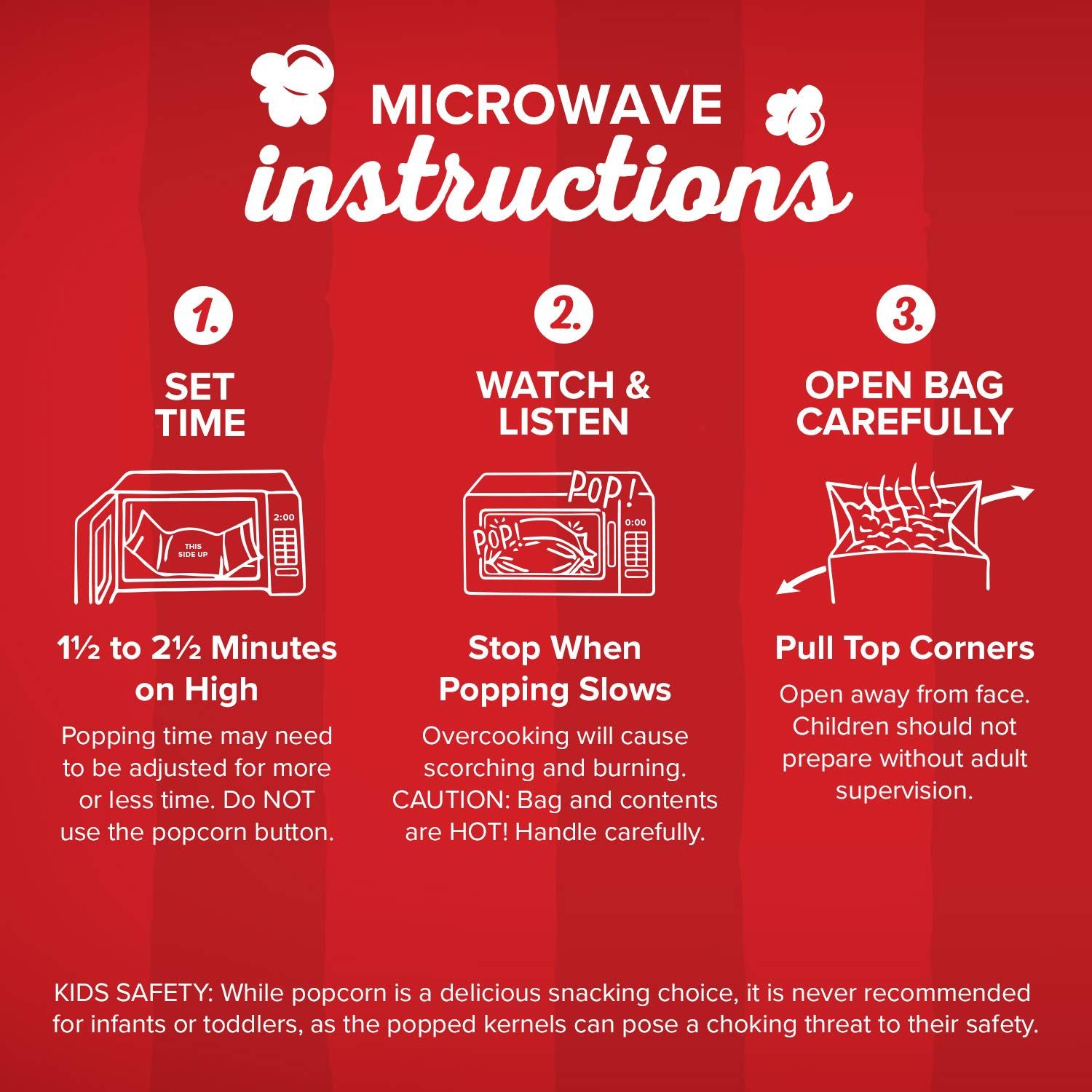 Provides step-by-step instructions for safely microwaving the product (likely popcorn), including timing, monitoring, and opening procedures, while emphasizing safety precautions for children.