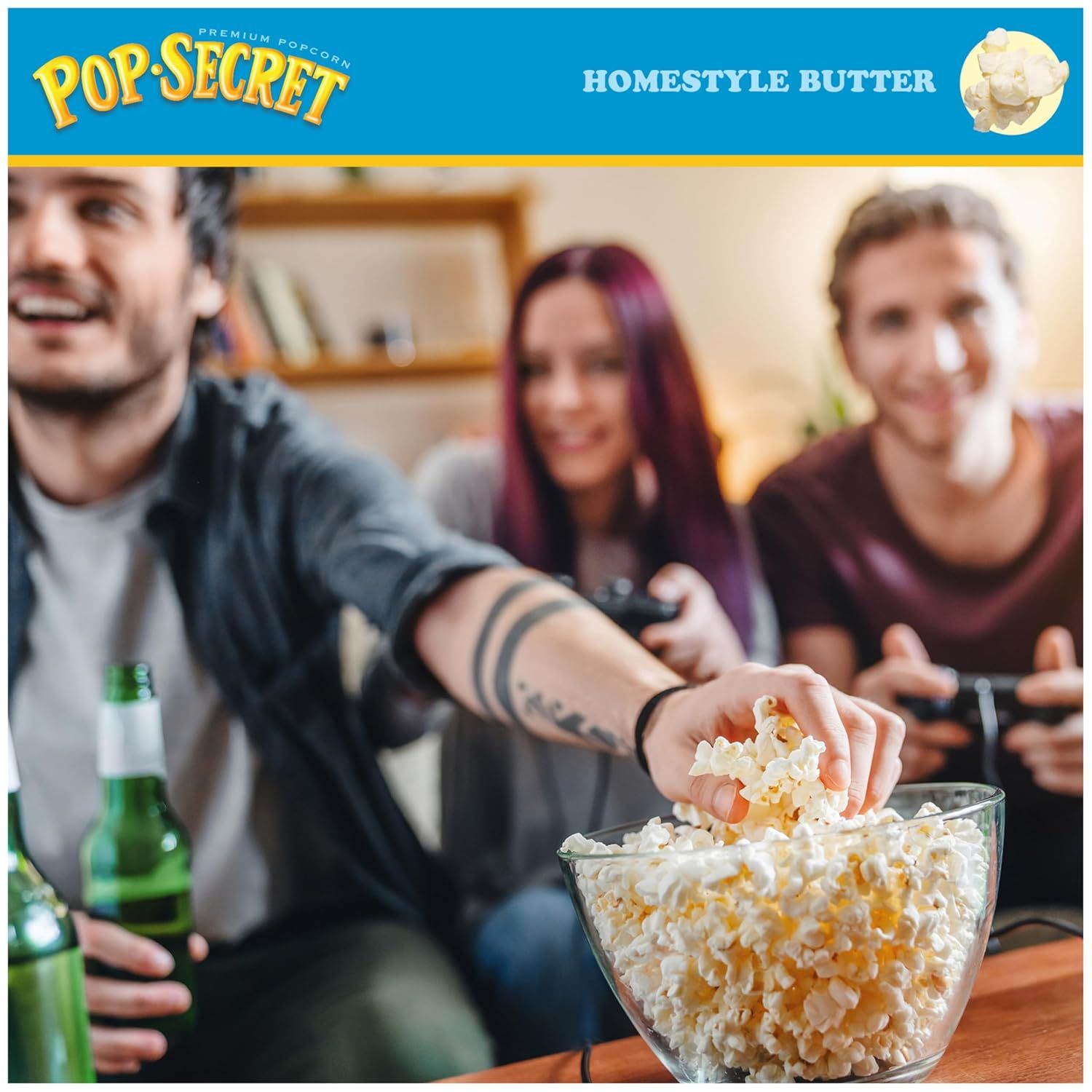 Demonstrates the product being enjoyed in a real-world social setting to help shoppers visualize using the popcorn during entertainment and gatherings with friends.