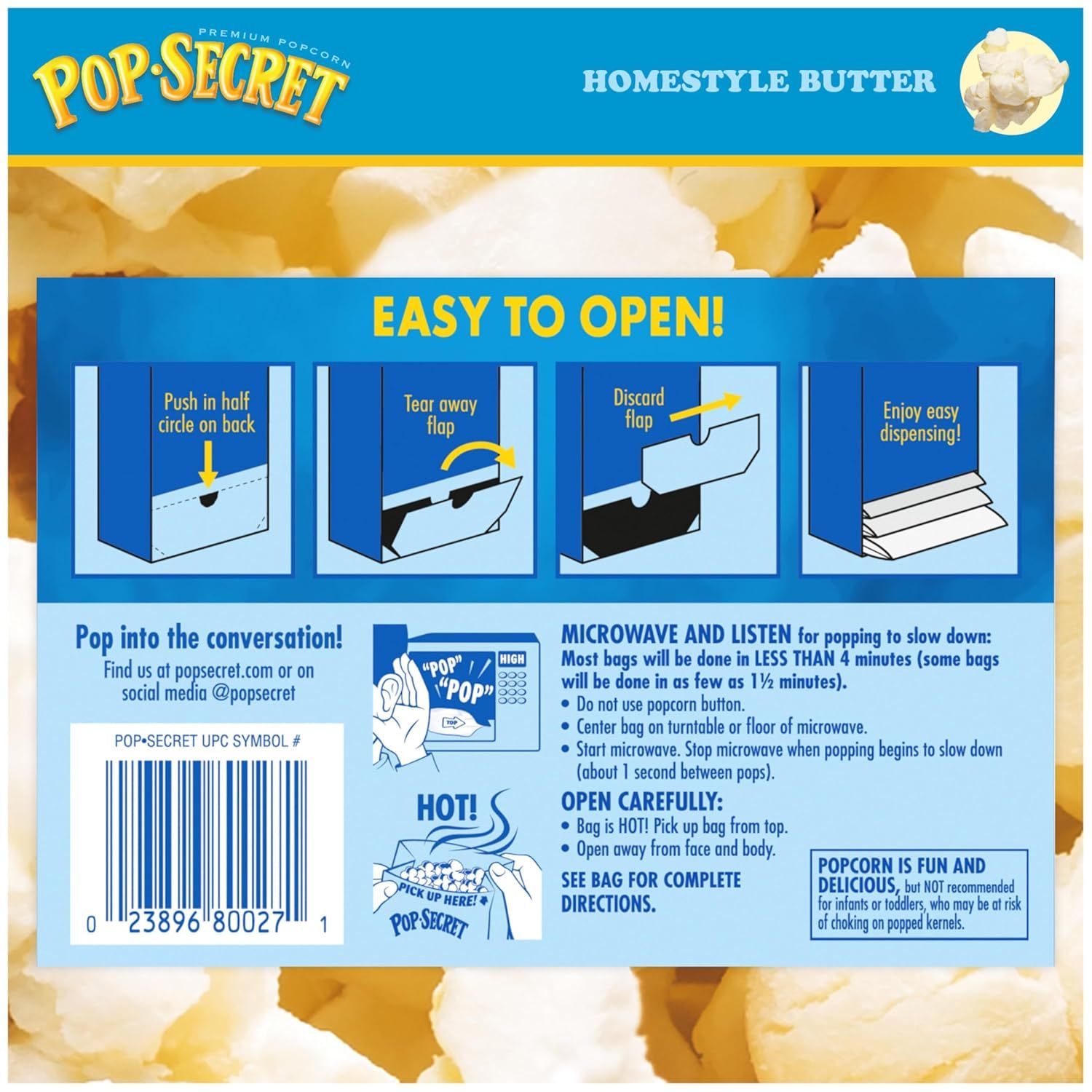 This image provides step-by-step instructions on how to open the popcorn bag and microwave it safely, reassuring shoppers that the product is easy to use and includes clear safety guidance.