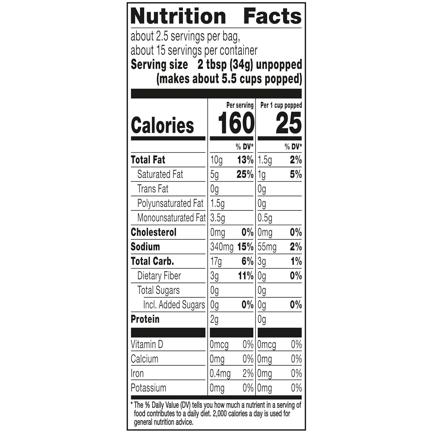 Provides comprehensive nutritional information to help shoppers make informed dietary decisions and understand the product's nutritional profile per serving and per cup popped.