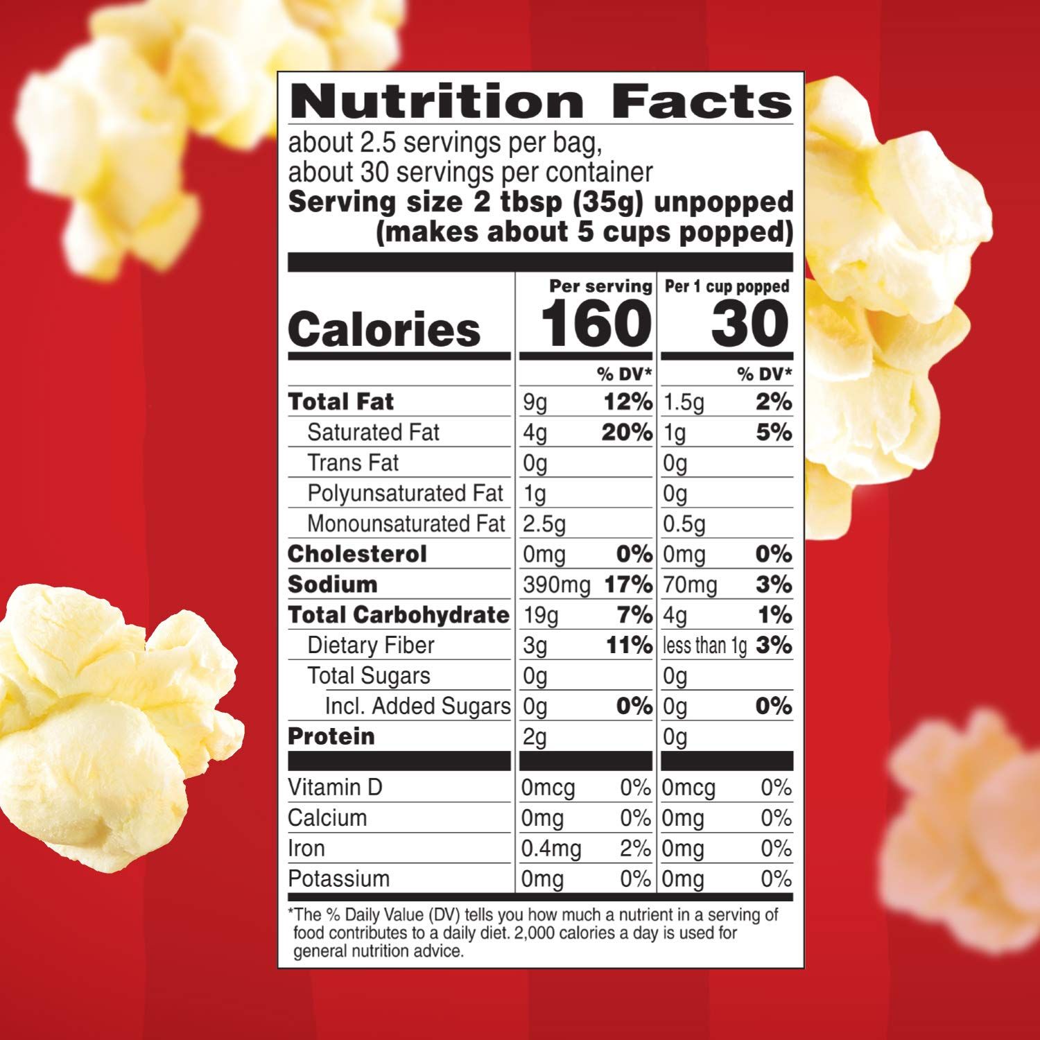 Communicates the nutritional information and serving size metrics to help shoppers understand the calorie content per serving and per cup popped, providing transparency about the product's…