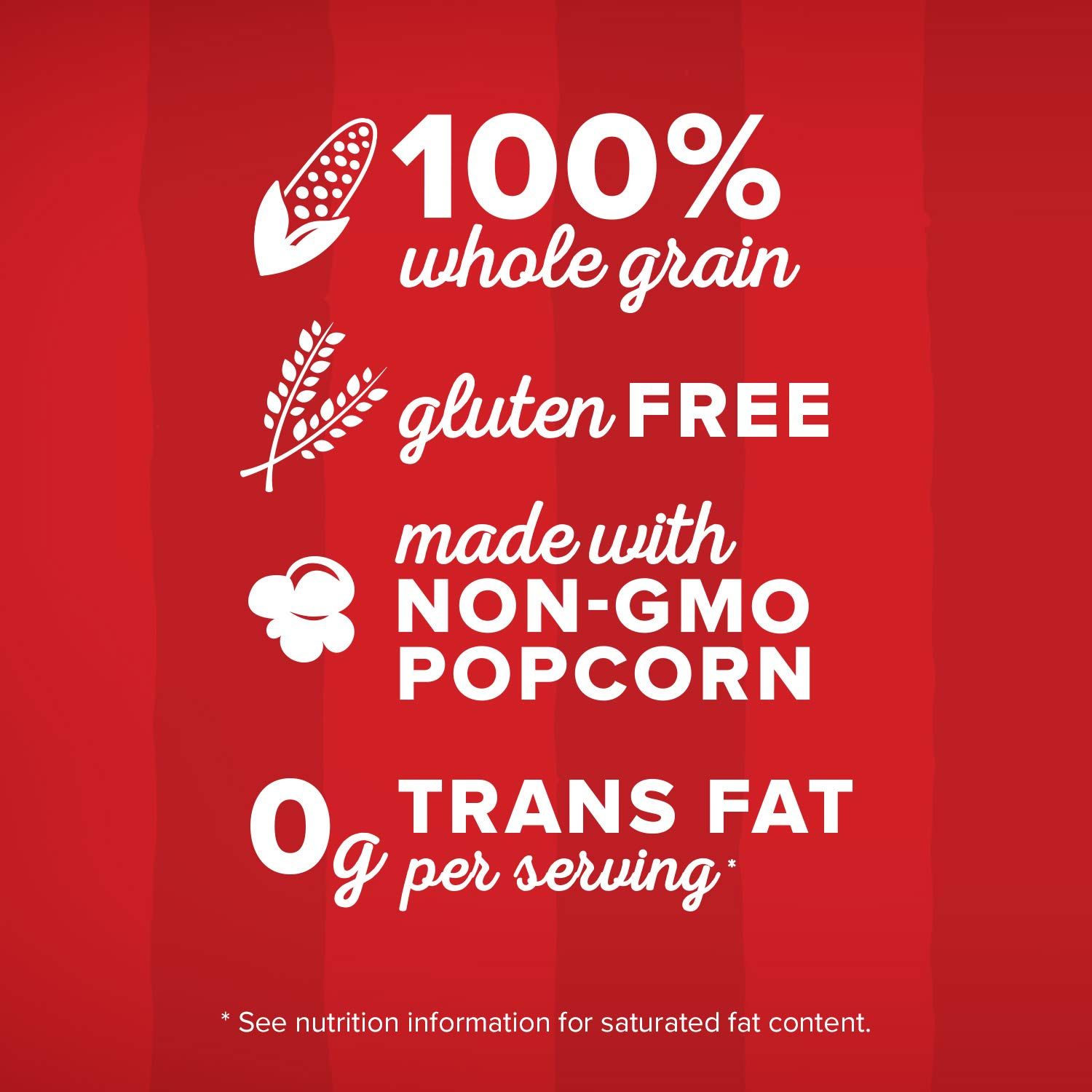 Communicates multiple health and dietary benefits of the popcorn product to appeal to health-conscious shoppers and those with dietary restrictions.